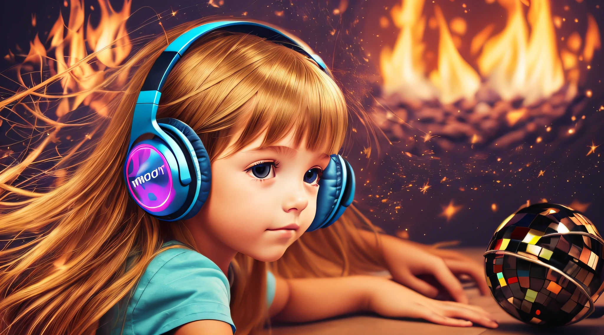 CHILD BLONDE LONG HAIR USING a headphone , fire, thunderbolt, segurando uma disco ball