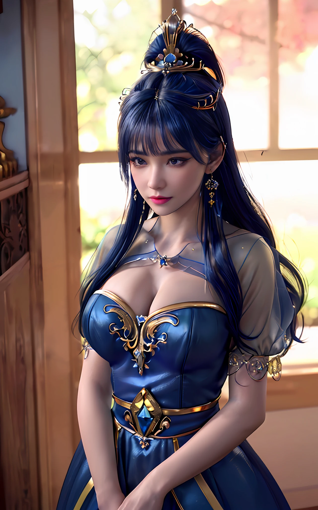 ((realisticity: 1.2)), ((best resolution: 8K UHD)), best quality,masterpiece,highres,cg,
((1 super detailed and super realistic girl)), ((very beautiful queen dazzling, super realistic, and super detailed)), long hair, ((super realistic and super detailed dress)), solo, ((super realistic, super beautiful, gorgeous and super detailed jewelry)), ((super beautiful, super realistic and super detailed dark blue and golden yellow dress)),
((super beautiful, super realistic, super detailed diamond filled earrings)),
  ((super beautiful, super realistic and super detailed diamond filled hair ornament)), ((super beautiful upper body, super beautiful, super realistic and super detailed)), ((big breasts: 2.5)), 
((super grand, super realistic and super detailed royal palace backgroun))
((super beautiful, super beautiful, super realistic and super detailed hair bun)), ((super beautiful, super realistic and super detailed blue hair)),
candid, Photograph, high resolution, 8k,Bokeh,