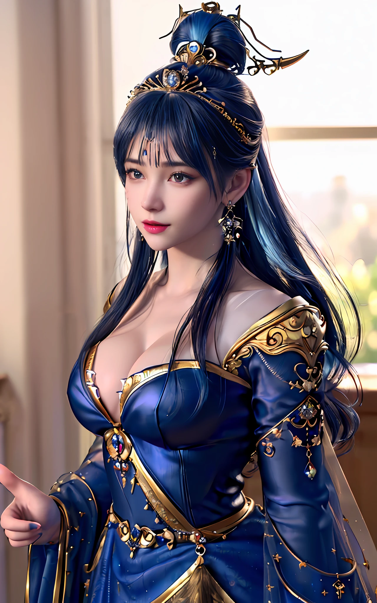 ((realisticity: 1.2)), ((best resolution: 8K UHD)), best quality,masterpiece,highres,cg,
((1 super detailed and super realistic girl)), ((very beautiful queen dazzling, super realistic, and super detailed)), long hair, ((super realistic and super detailed dress)), solo, ((super realistic, super beautiful, gorgeous and super detailed jewelry)), ((super beautiful, super realistic and super detailed dark blue and golden yellow dress)),
((super beautiful, super realistic, super detailed diamond filled earrings)),
((super beautiful, super realistic and super detailed diamond filled hair ornament)), ((super beautiful upper body, super beautiful, super realistic and super detailed)), ((big breasts: 2.5)),
((super grand, super realistic and super detailed royal palace backgroun))
((super beautiful, super beautiful, super realistic and super detailed hair bun)), ((super beautiful, super realistic and super detailed blue hair)),
candid, Photograph, high resolution, 8k,Bokeh,