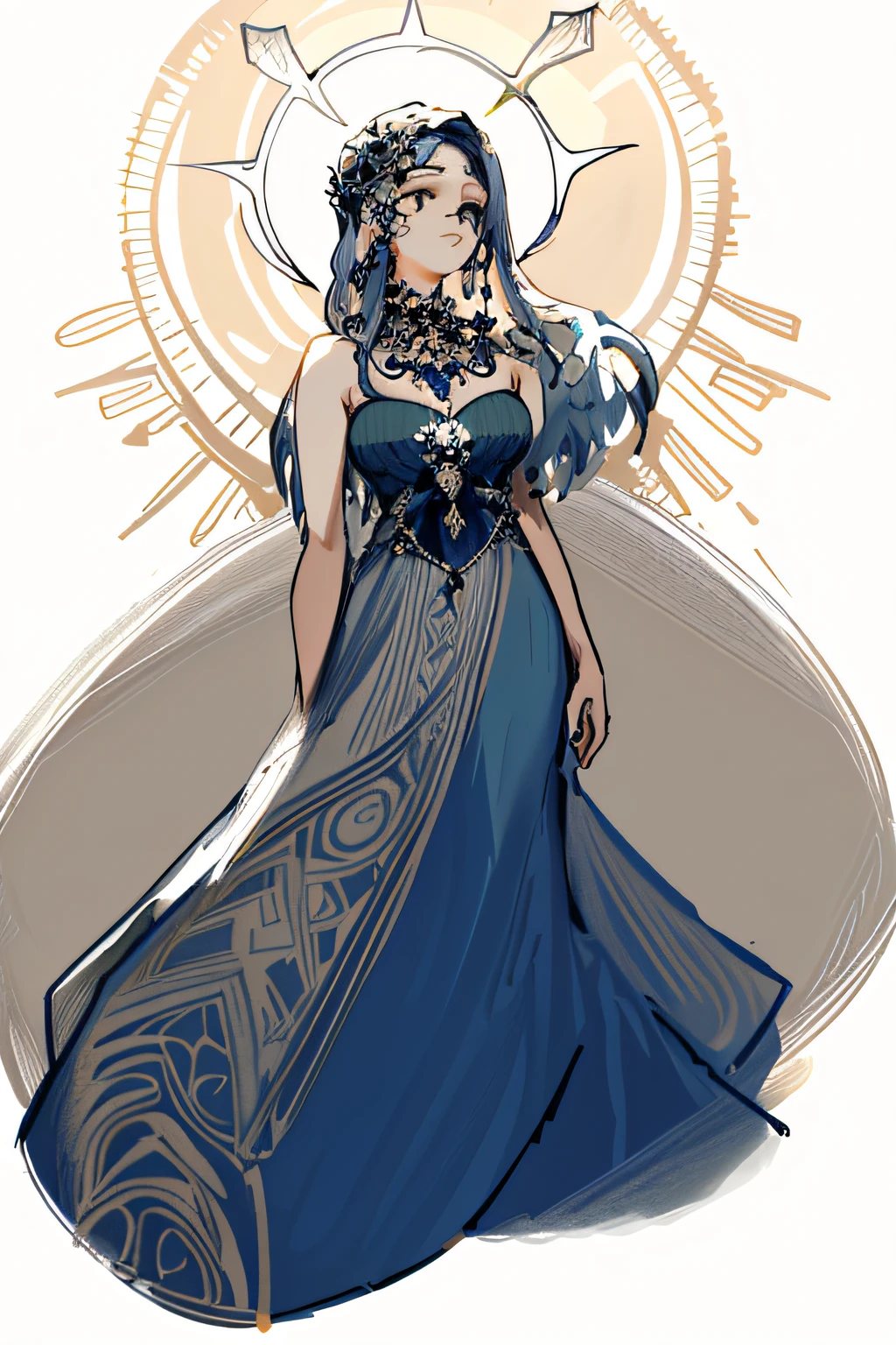 a drawing of a woman in a dress with a crown on her head, an elegant gothic princess, uma rainha elfa, Inspirado em Reyna Rochin, design de personagens : : lo gothic, humano :: feiticeira, Wearing a flowing dress, costume desig, old sketch, desenho de fantasia, em um vestido elaborado extravagante, Fae Sacerdotisa