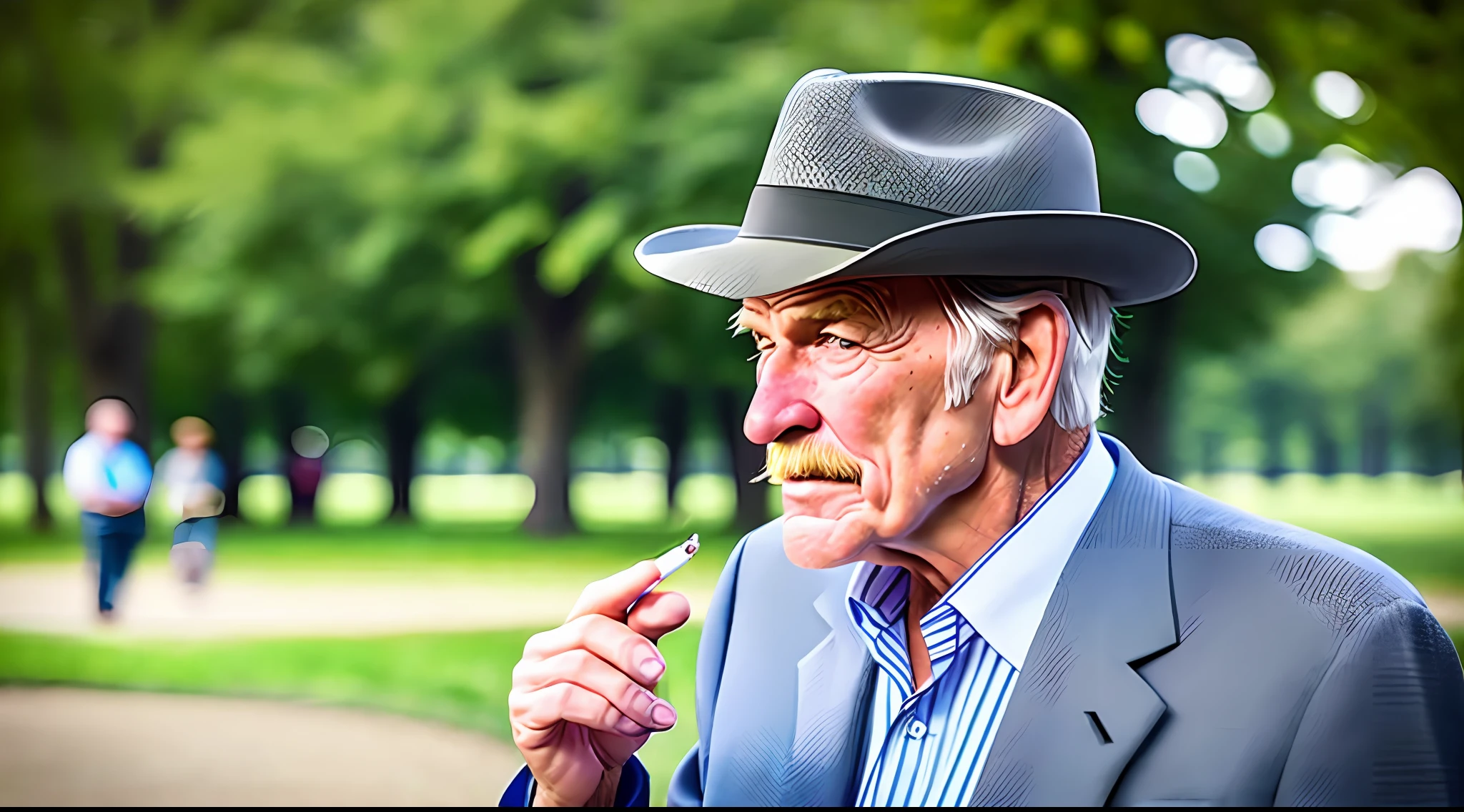 an old man at the park wearing a suit with a cigarette in his hand, realistic, photorealistic, holding_cigarette, smoking, smoke, depth of field, trees, people in the background