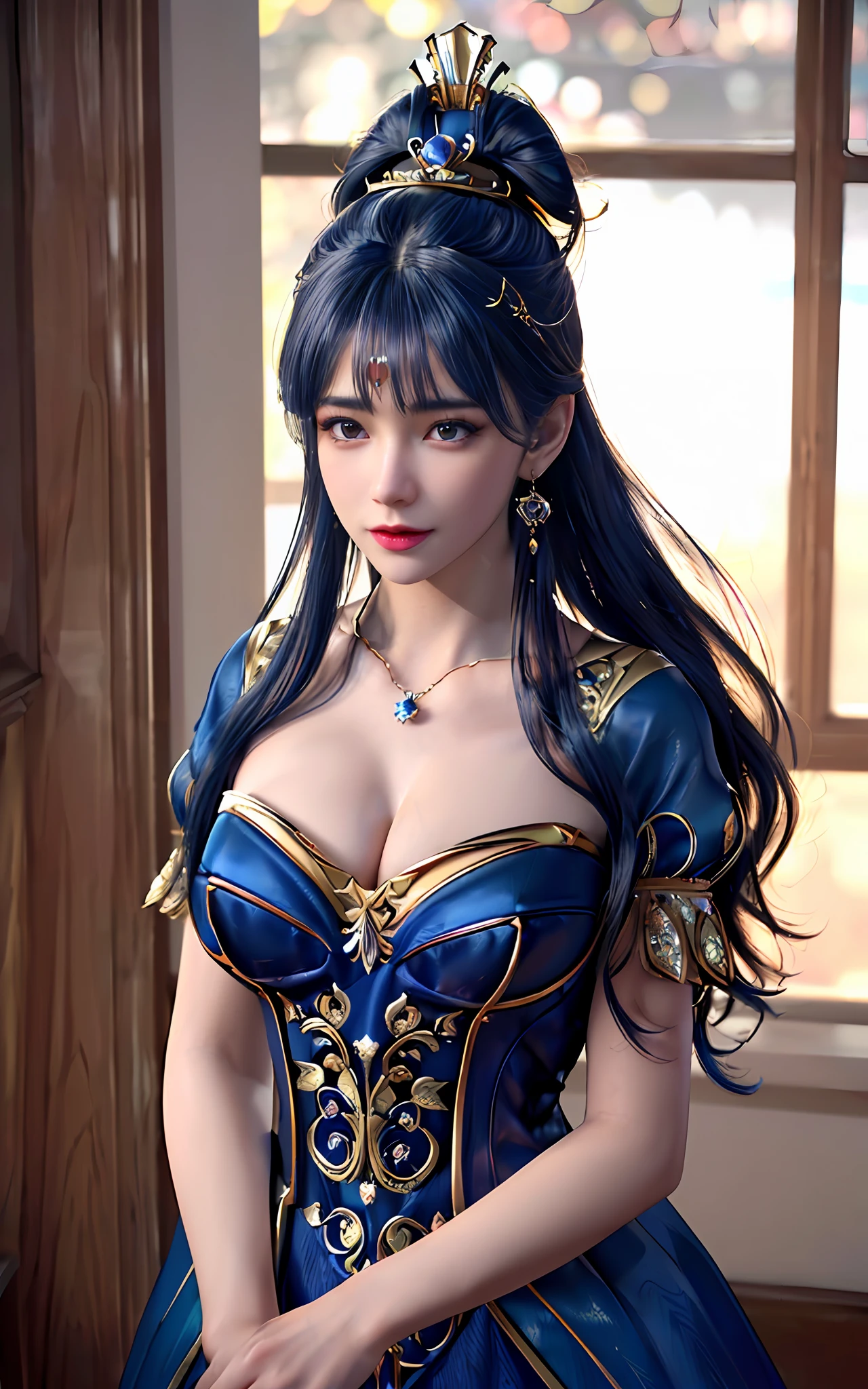 ((realisticity: 1.2)), ((best resolution: 8K UHD)), best quality,masterpiece,highres,cg,
((1 super detailed and super realistic girl)), ((very beautiful queen dazzling, super realistic, and super detailed)), long hair, ((super realistic and super detailed dress)), solo, ((super realistic, super beautiful, gorgeous and super detailed jewelry)), ((super beautiful, super realistic and super detailed dark blue and golden yellow dress)),
((super beautiful, super realistic, super detailed diamond filled earrings)),
  ((super beautiful, super realistic and super detailed diamond filled hair ornament)), ((super beautiful upper body, super beautiful, super realistic and super detailed)), ((big breasts: 2.5)), 
((super grand, super realistic and super detailed royal palace backgroun))
((super beautiful, super beautiful, super realistic and super detailed hair bun)), ((super beautiful, super realistic and super detailed blue hair)),
candid, Photograph, high resolution, 8k,Bokeh,