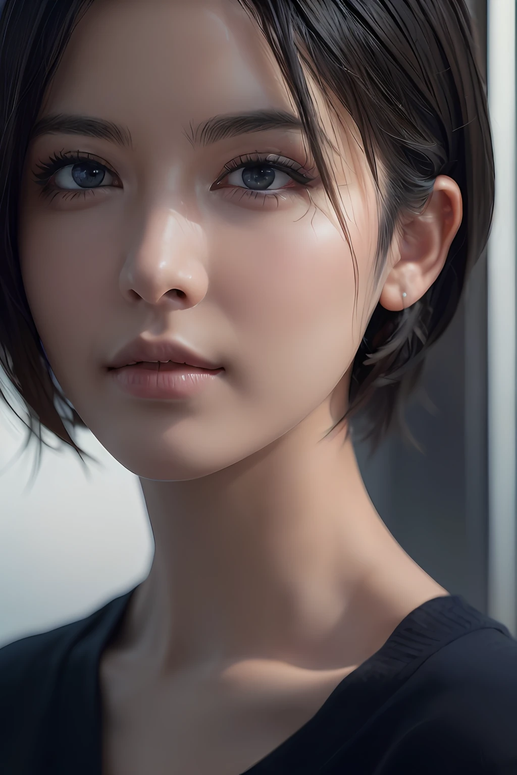 (masterpiece:1.3), (8k, photorealistic, RAW photo, best quality: 1.4), (1girl), beautiful face, (realistic face), (black hair, short hair:1.3), beautiful hairstyle, realistic eyes, beautiful detailed eyes, (realistic skin), beautiful skin, (sweater), absurdres, attractive, ultra high res, ultra realistic, highly detailed, golden ratio