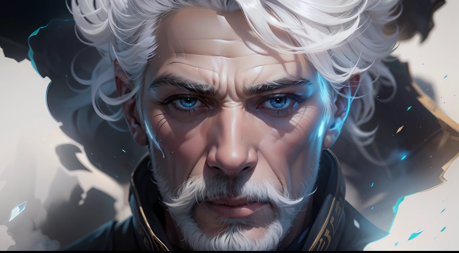 An ultra-realistic art with a completely cinematic style, cheio de luzes e sombras, smoke and backlight from an expressive white-haired man, Like a medieval bard in the middle of a galaxy in the universe, Create an artistic image, abusando das sombras e luzes bem alocadas;, cores impacto expressividade 8k como uma imagem para banner de um game