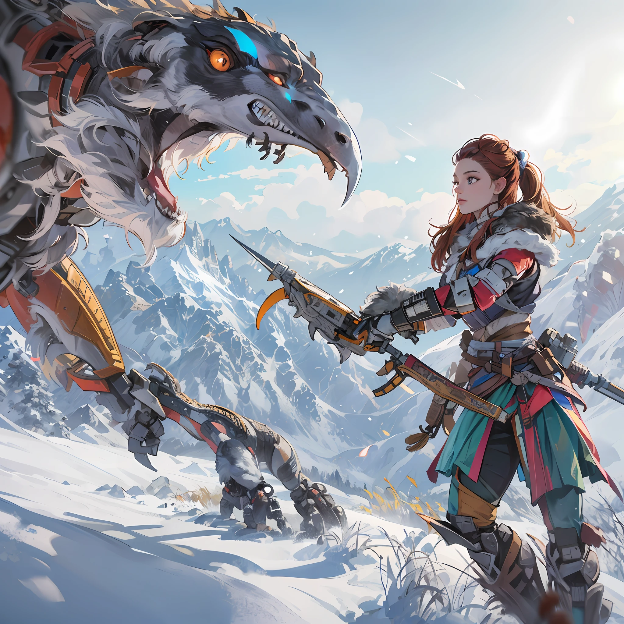 Aloy from Horizon Zero Dawn in the snowy norse mountains, fighting a robotic raptor from Horizon Zero Dawn, hyper realistic, ultra realistic, HDR, raytracing, octane render, UE5, autodesk 3D render, extreme detail, detailed face, detailed eyes, detailed robotic raptor, detailed hands, detailed arms, detailed spear that Aloy is holding