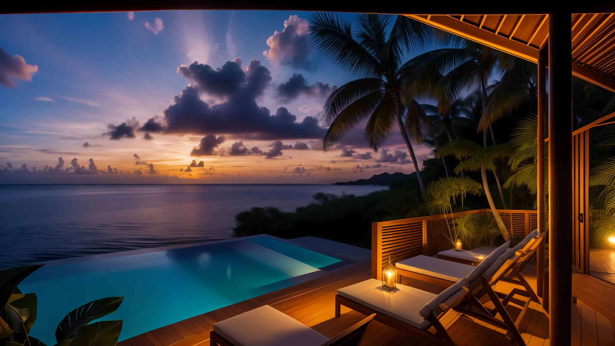 Sunset on a tropical beach with a dense jungle in the right seen from a wooden terrace, vibrance, palm trees