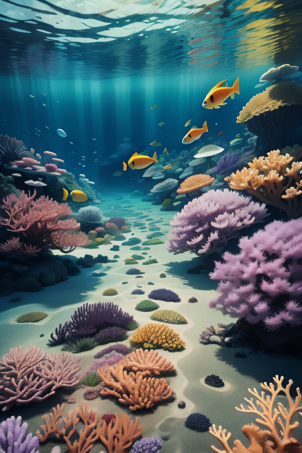 Expressing the beauty of the seabed: reefs、reddish、green grass、amarelo、Purple and colorful coral reefs、