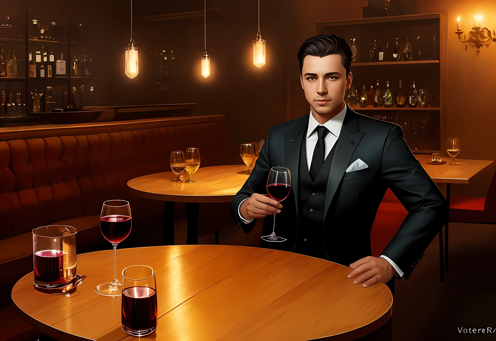 There is a man in a suit and tie with a glass of wine, Victor Charreton, Winner, inspired by Victor Oliva, wlop and andrei riabovitchev, inspired by Vincent Lefevre, Victor Antonov, key art, inspired by Charmion von Wiegand, official arts, epic and classy portrait, Valve Рекламный Splash Art