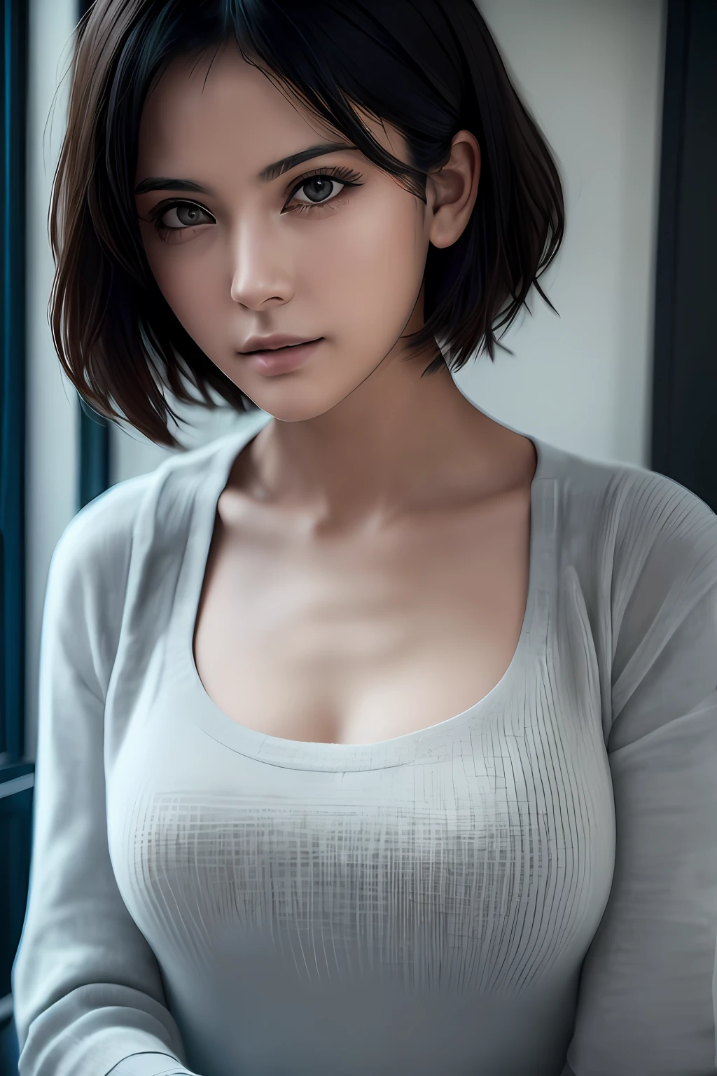 (masterpiece:1.3), (8k, photorealistic, RAW photo, best quality: 1.4), (1girl), beautiful face, (realistic face), (black hair, short hair:1.3), beautiful hairstyle, realistic eyes, beautiful detailed eyes, (realistic skin), beautiful skin, (sweater), absurdres, attractive, ultra high res, ultra realistic, highly detailed, golden ratio