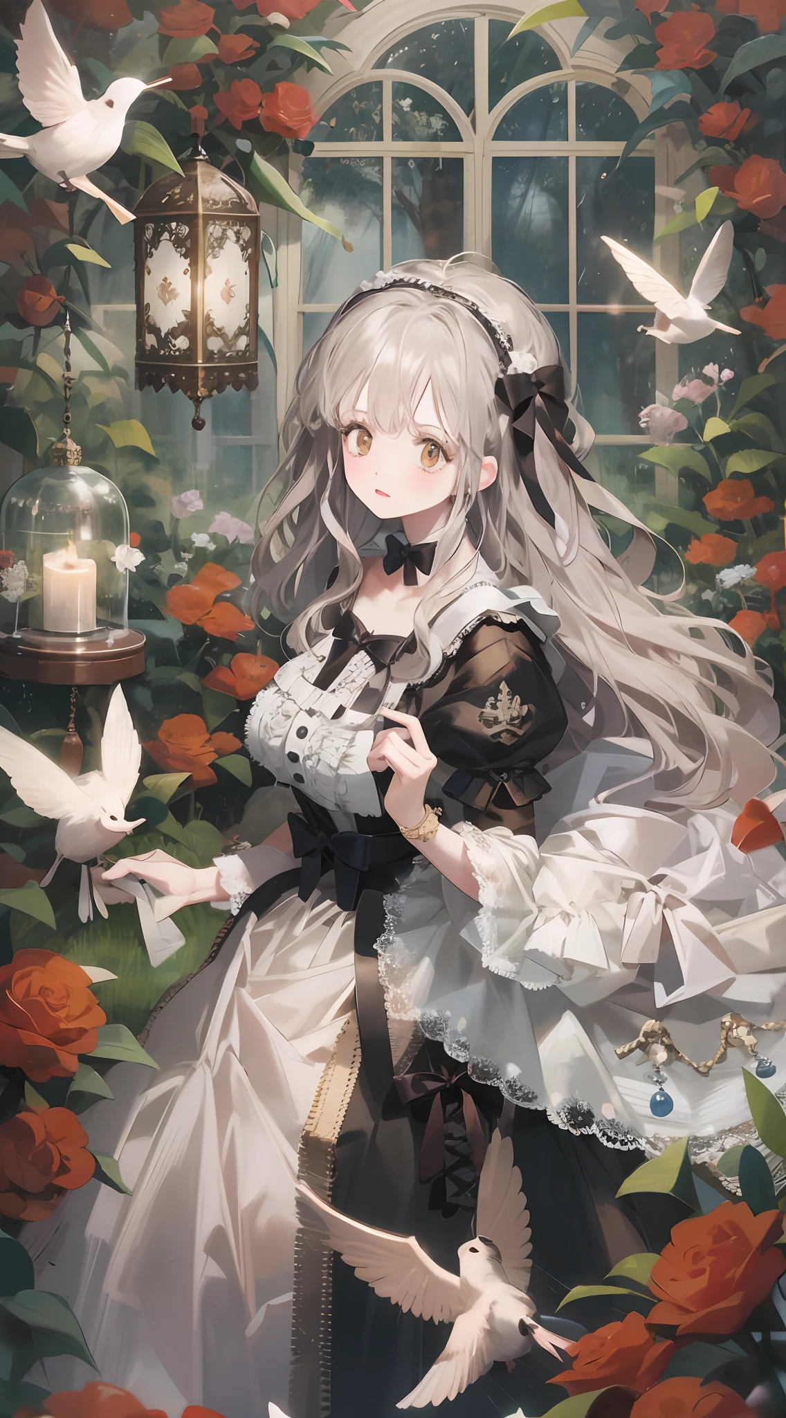 softlighting，soft focus，Hazy picture，Huge stained windows，The windows are transparent，1girll，Golden birdcage，Thorny vines，Red butterfly，mitts，（very intricate），Exquisite，Complex hairstyles，long  skirt，RococoStyle，Bow knot，Cross straps，Gorgeous dress，Large skirt，frilld，Love decoration，（Elegant vintage clothing design），rosette，whaite hair，long  white hair，The brightness of the picture is high，Low contrast，The overall feeling is like an oil painting，trpical garden，Close-up，Close-up Shot Shot，Holy，Holy