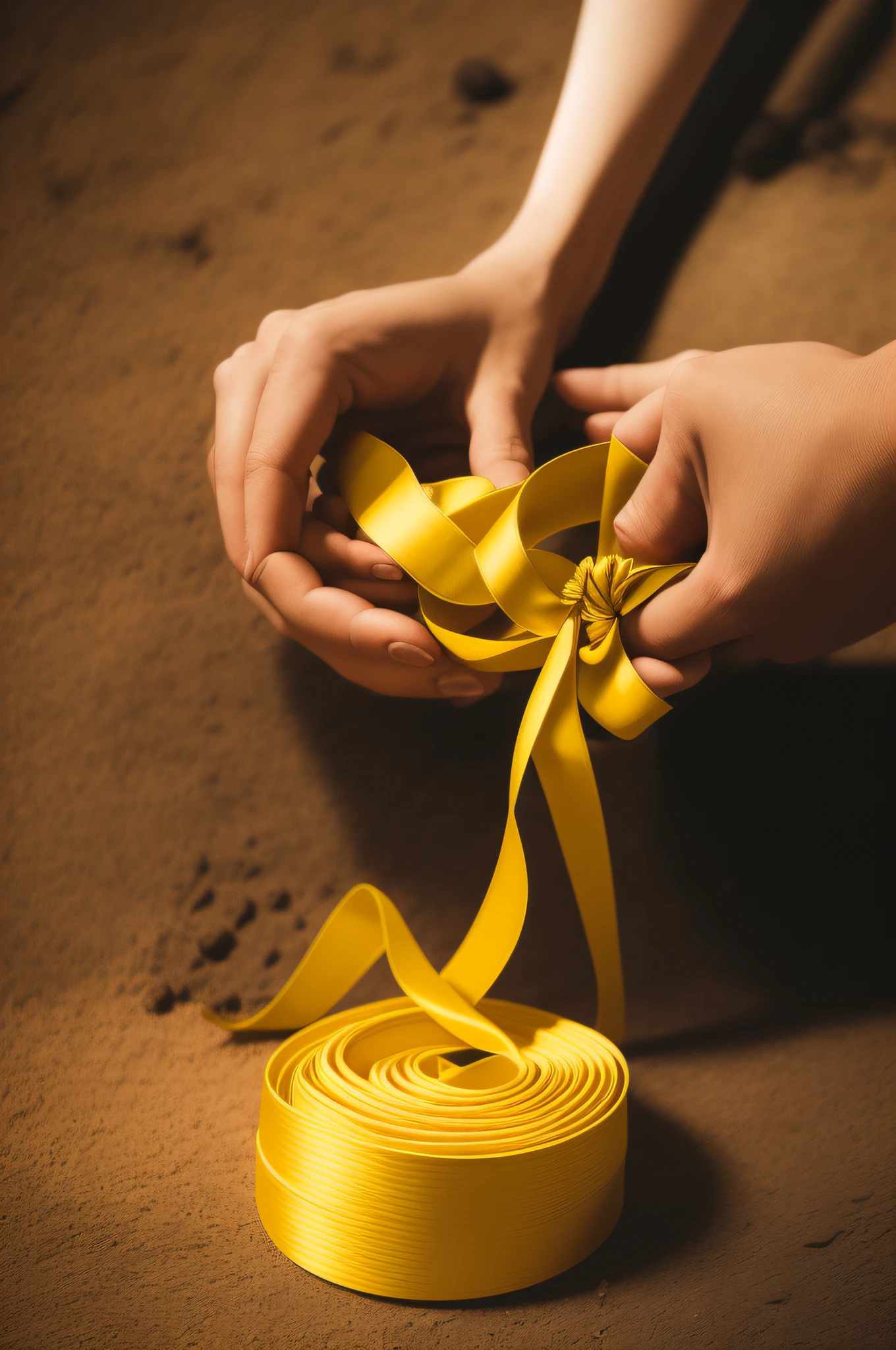 Someone is tying a yellow ribbon around a yellow object, fitas amarelas e azuis, fita, fitas azuis e amarelas, Shoelaces and ribbons, fita dourada, Fitas, fita grande, fitas douradas, fitas de cetim, fitas largas, Directed by: Stefan Gierowski, Directed by: Aleksander Gierymski, close up fotografia, fitas e flores, Directed by: Adam Marczyński