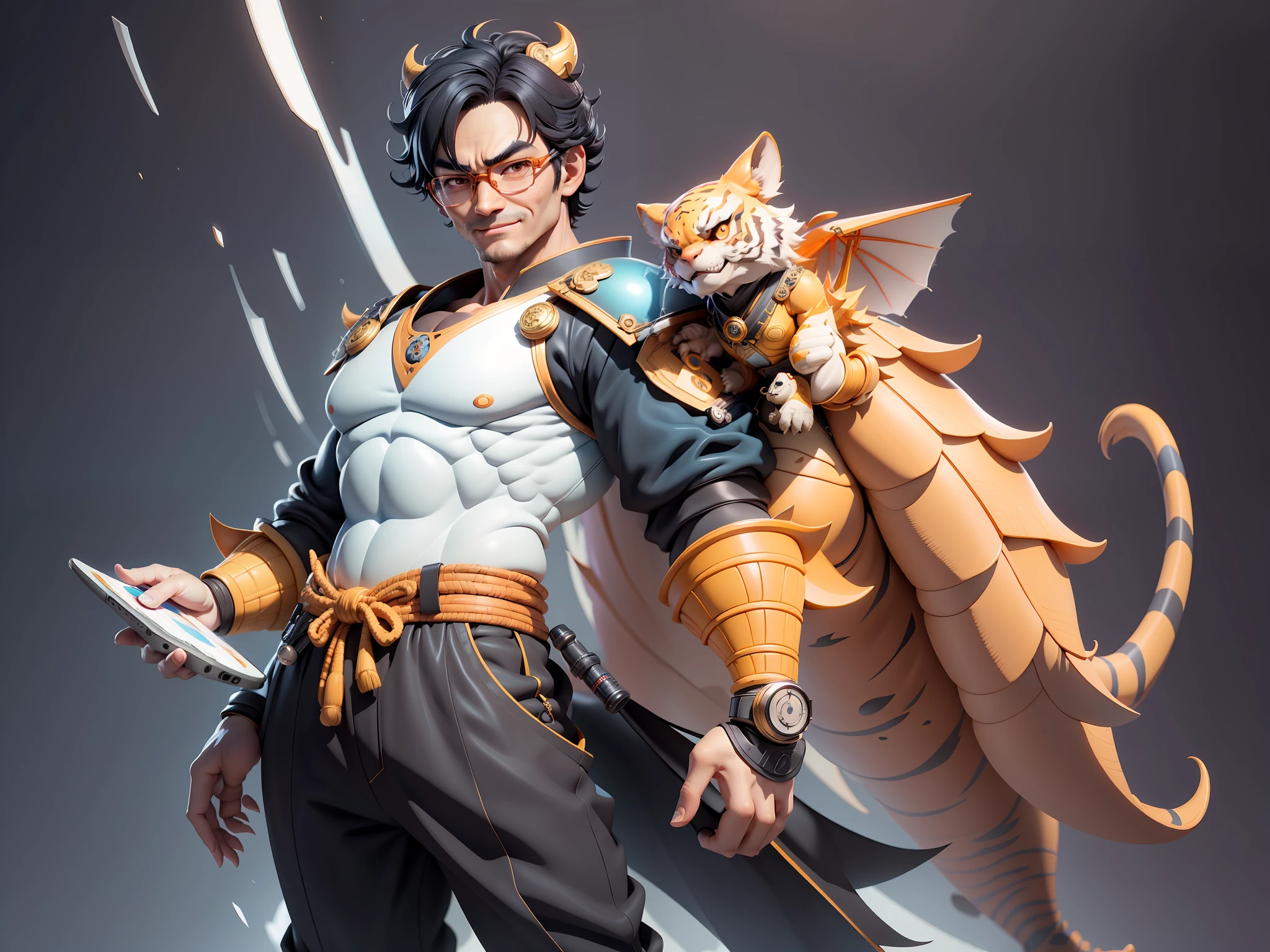 (Masterpiece), (Excellent), (Super Meticulous), (Full Body: 1.2), Super Young Man with Japanese Female Geisha, Pretty, Beautiful, Chinese Dragon, Tiger, Wind God Thor, Sexy, Bursting, Oriental Face, TV Anchor, Bust Portrait Illustration, Black Suit, Blue Tie, Slightly Chubby Face, Silver Glasses, Very Clean Face, No Beard on Chin, Black Super Short Hair, Black Eyes, Confident Smile, 3c Computer Sub-Products, iPad, iPhone, Digital Painting, 3D character design by Mark Clairedon and Pixar and Hayao Miyazaki and Akira Toriyama, the illustrations are HD illustrations in 4K resolution with highly detailed facial features and cartoon-style visuals.