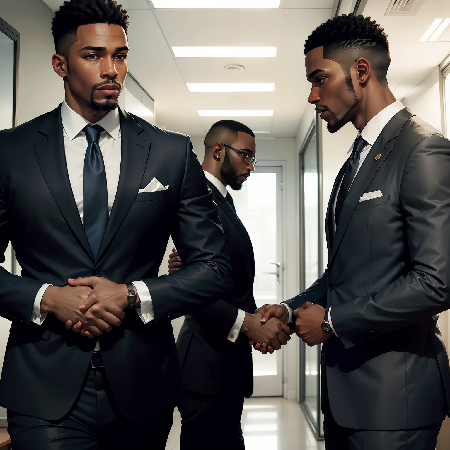 Black man in suit and tie in office with client in a warm handshake