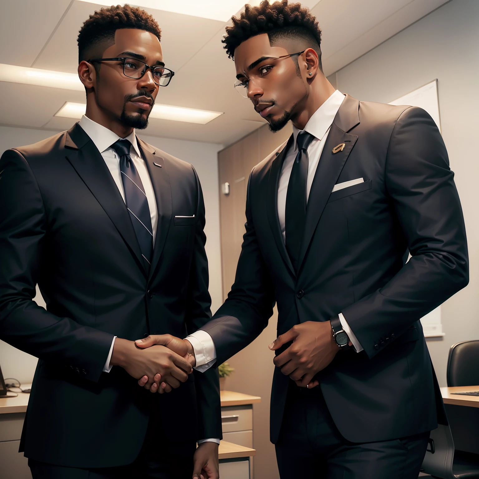 Black man in suit and tie in office with client in a warm handshake