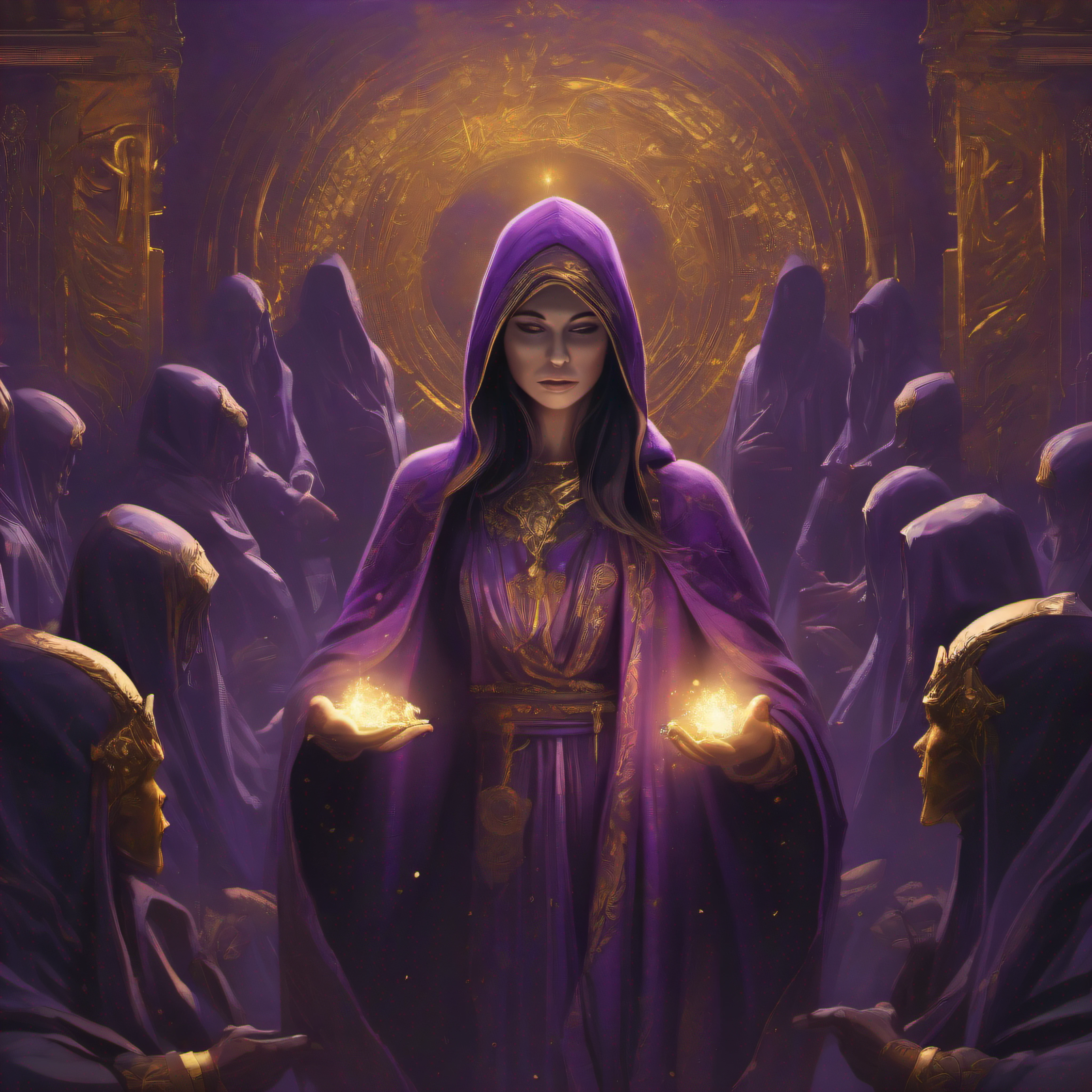 female warlock in hooded robe with a golden hand standing in a ritual circle. She grabs her hand of gold, she is surrounded by human golden statues, detailed, atmospheric ligthing, purple background lighting