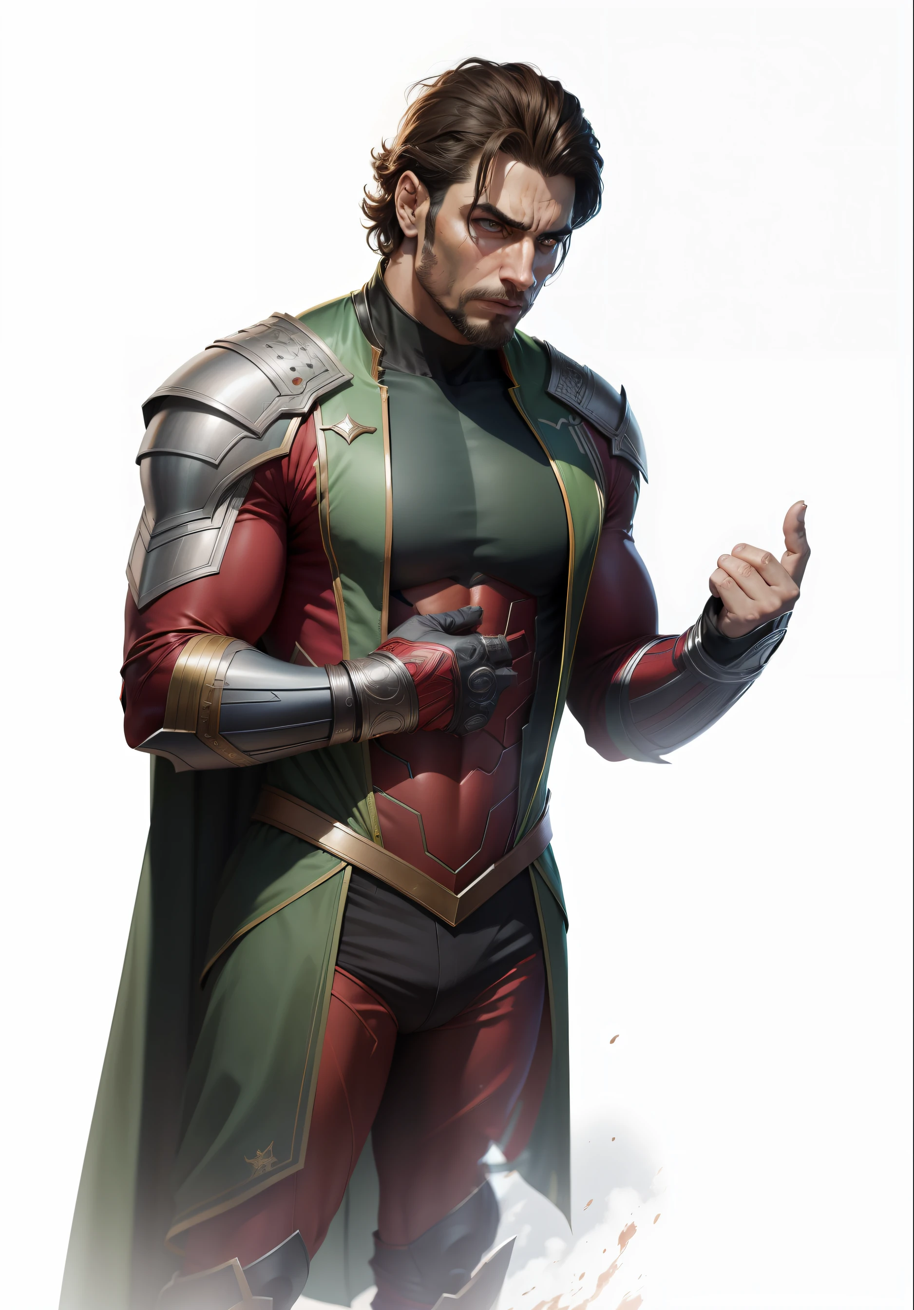 "Vestimenta de Don verde e vermelho escuro, realista, super realistic Marvel hero style:1.2".