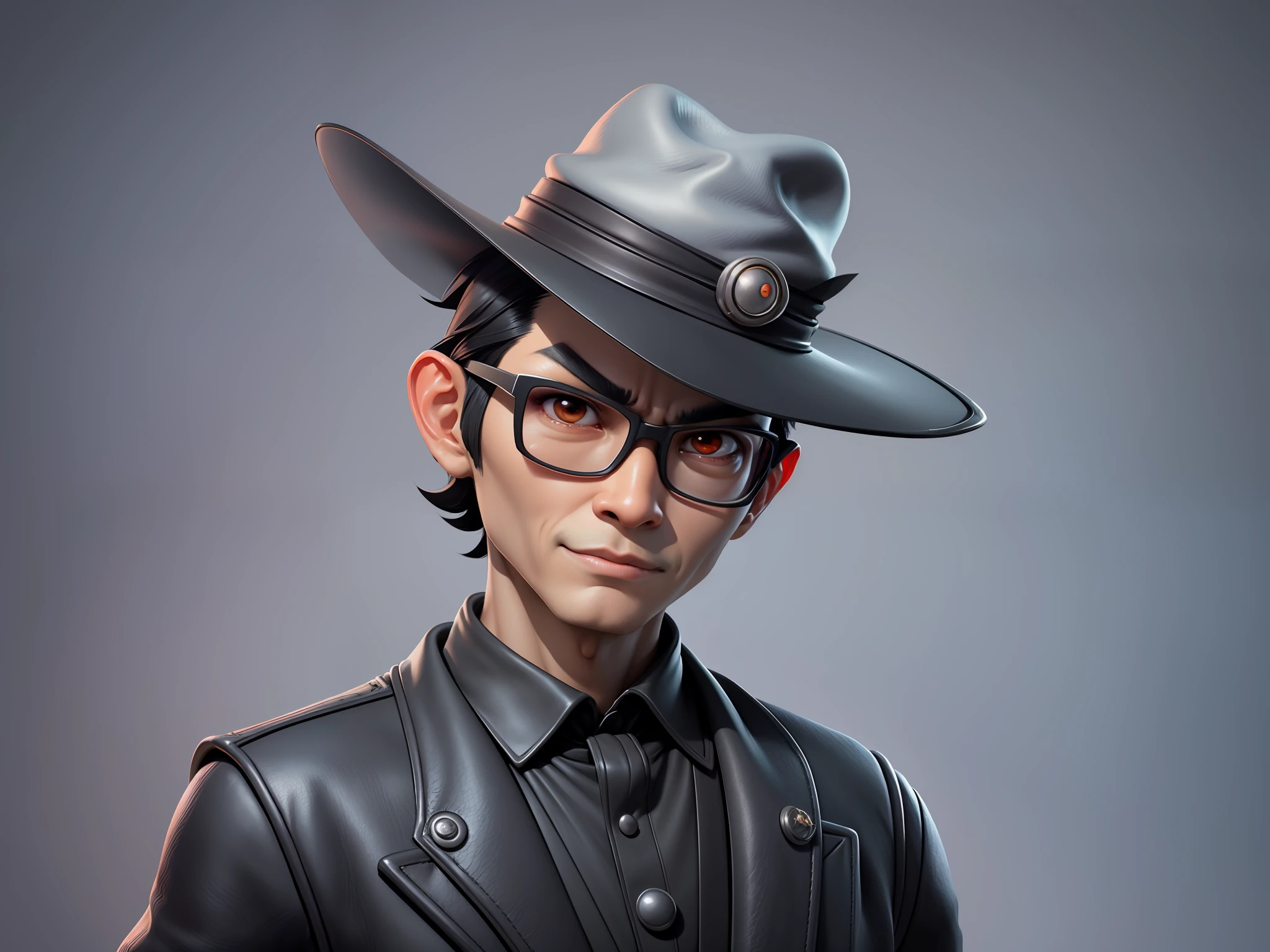 Young man with oriental face in leather hat, dragon, formal suit, short black hair, silver glasses, digital painting, 3D character design by Mark Clairedon and Pixar and Hayao Miyazaki and Akira Toriyama, the illustration is a high-definition illustration in 4K resolution with very detailed facial features and cartoon-style visuals.