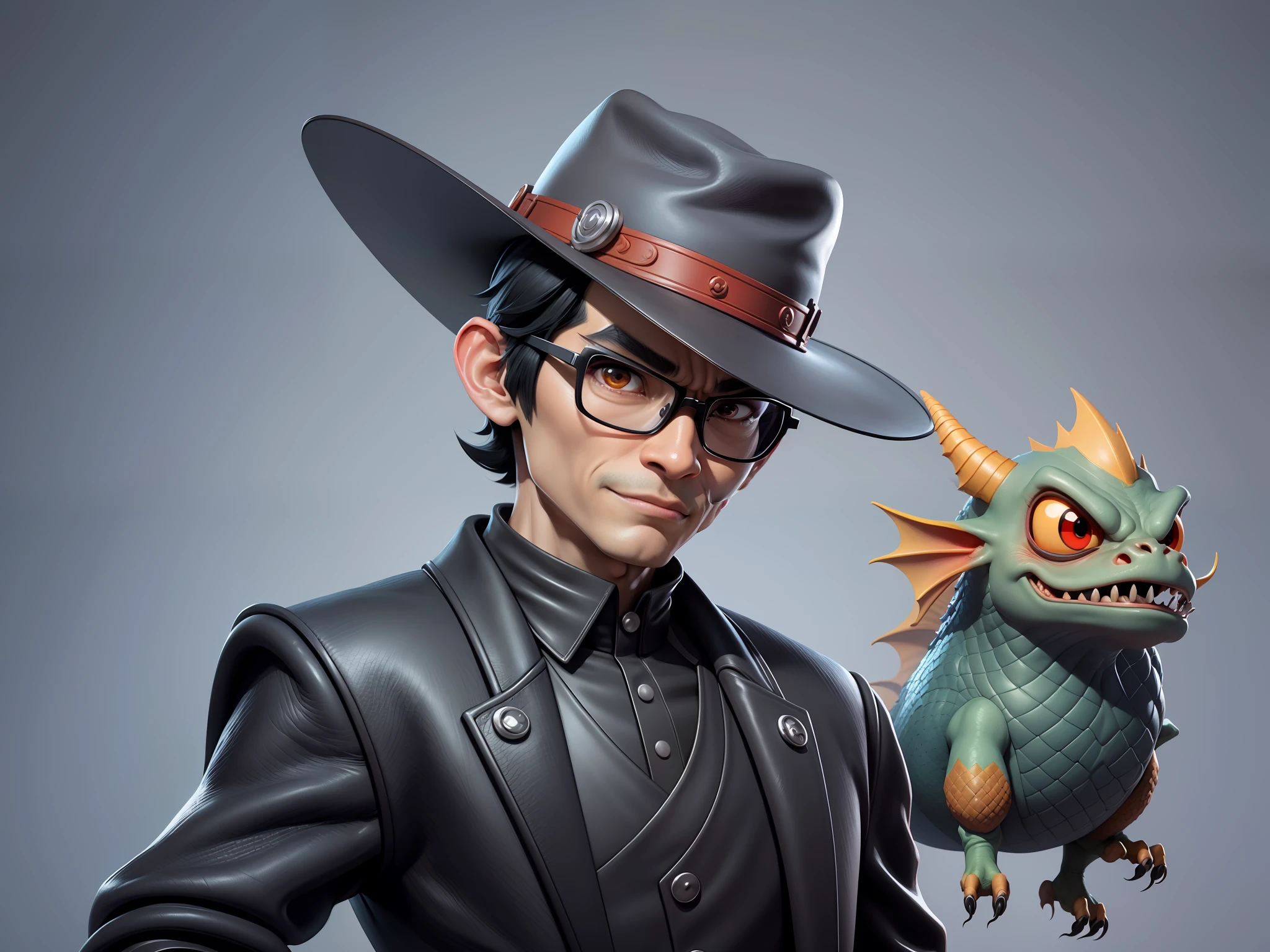 Young man with oriental face in leather hat, dragon, formal suit, short black hair, silver glasses, digital painting, 3D character design by Mark Clairedon and Pixar and Hayao Miyazaki and Akira Toriyama, the illustration is a high-definition illustration in 4K resolution with very detailed facial features and cartoon-style visuals.