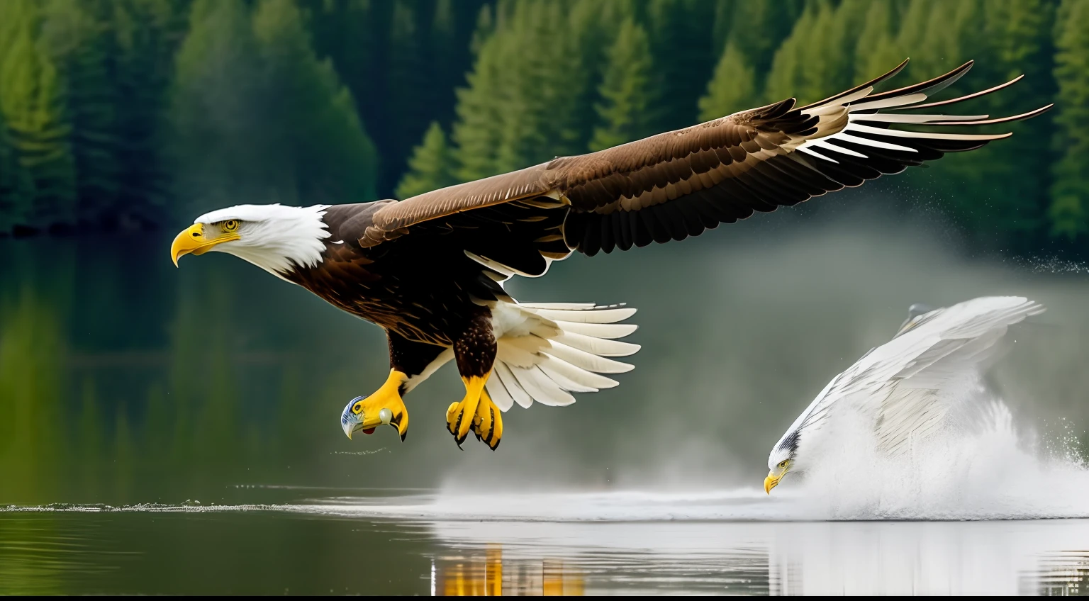 Slow-motion shots reveal the awe-inspiring strength of the ultra-realistic eagle as it dives towards a shimmering lake, capturing a moment of pure grace.