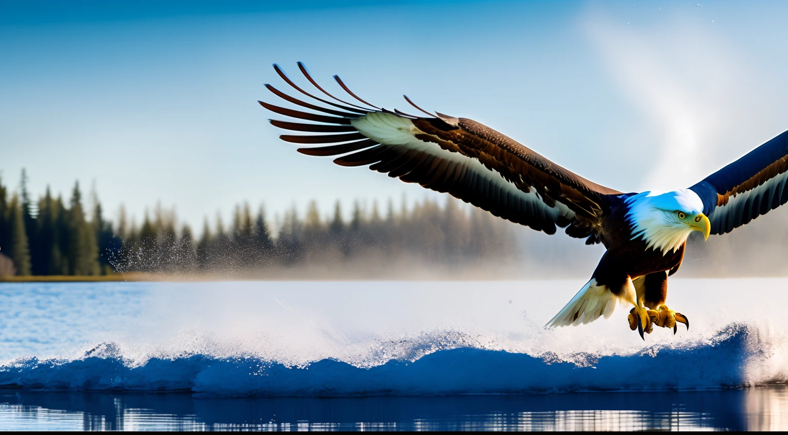 Slow-motion shots reveal the awe-inspiring strength of the ultra-realistic eagle as it dives towards a shimmering lake, capturing a moment of pure grace.