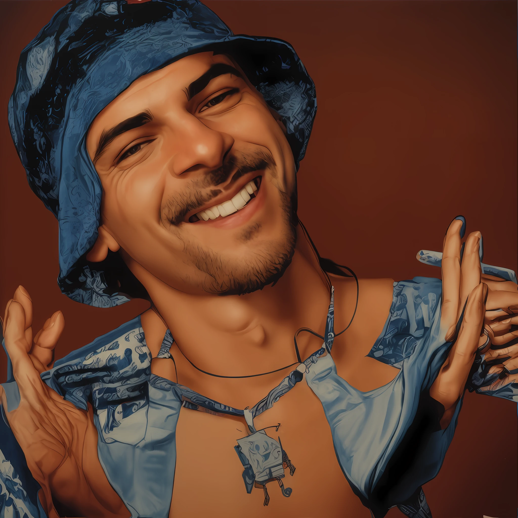 Homem arafed com uma bandana azul e uma camisa branca, smug smirk, sorriso insano, smug smirk, chilled out smirk on face, inspirado em Christopher Williams, tiradas nos anos 2000, sorrindo lascivamente, tiradas no final dos anos 2000, smug smirk, tiradas em meados dos anos 2000, sorriso manhoso