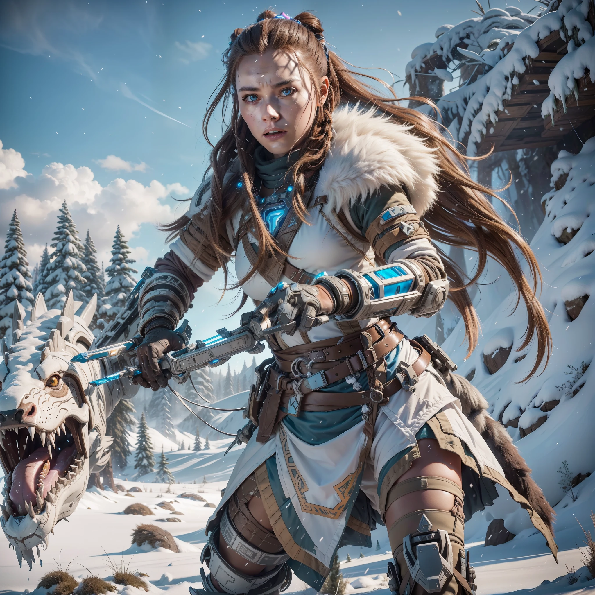 Aloy from Horizon Zero Dawn in the snowy norse mountains, fighting a robotic raptor from Horizon Zero Dawn, hyper realistic, ultra realistic, HDR, raytracing, octane render, UE5, autodesk 3D render, extreme detail, detailed face, detailed eyes, detailed robotic raptor, detailed hands, detailed arms, detailed spear that Aloy is holding