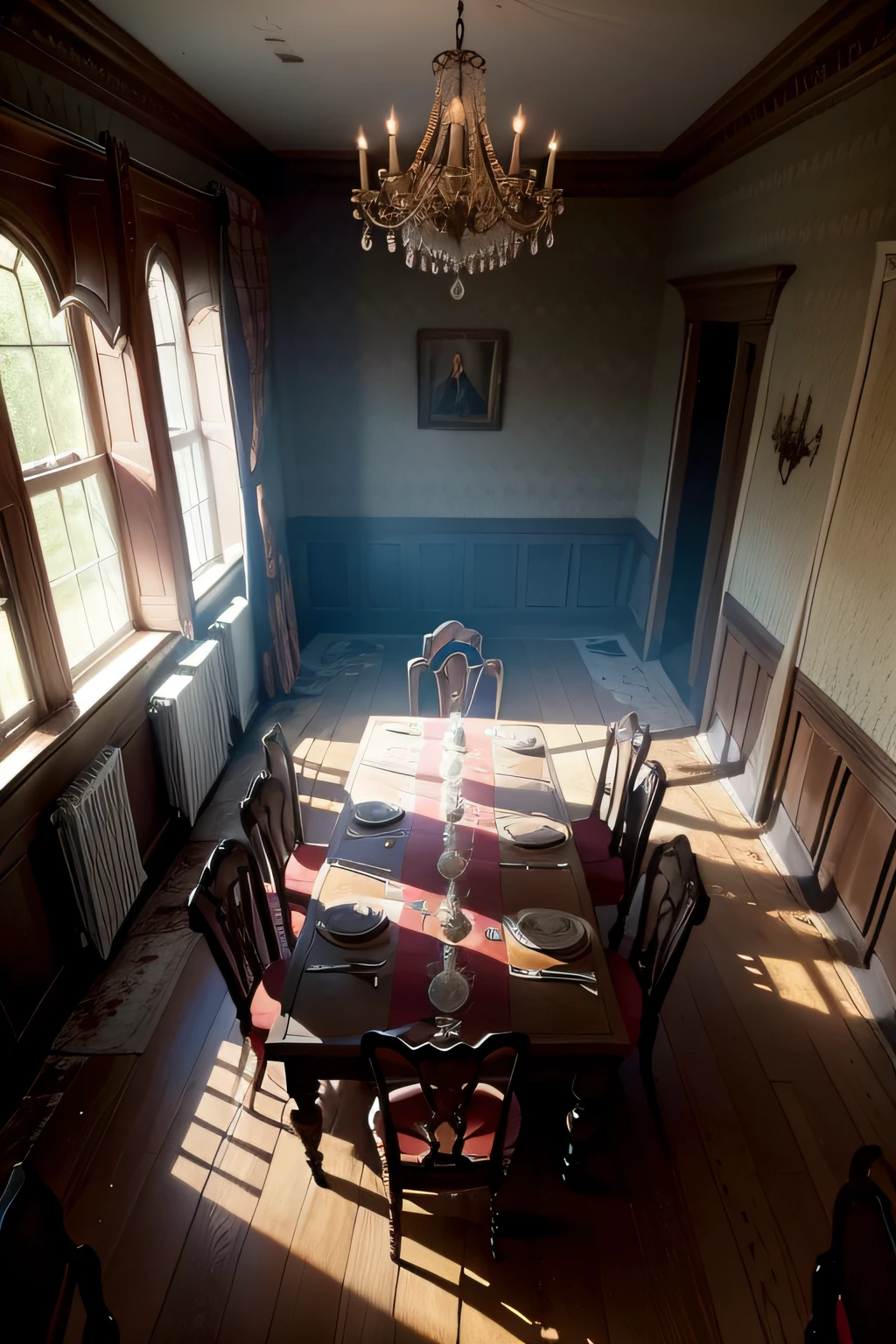 horror abandoned manor dinner room, top down view, top down view, top down view