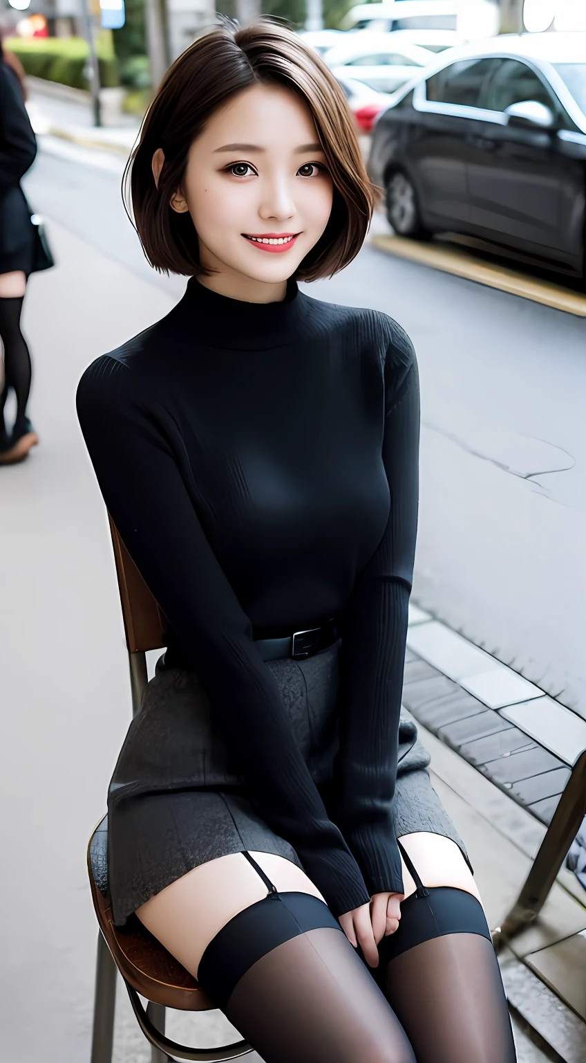 Tight knitwear、a miniskirt、Black stockings、beauty legs、A slender、Women in Japan、A smile、high-level image quality、In the street、short-hair、23years old、Big eyes、Kamimei、Sitting on a chair and wearing stockings
