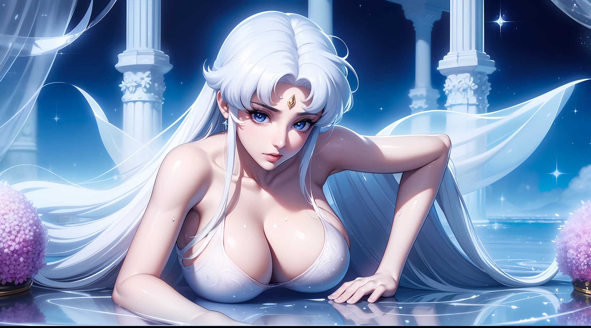 NSFW, ((beste-Qualit, 8K, tmasterpiece :1.3)), dramatic  lighting, pretty woman, 1 girl, Sailor Moon, Detailed large eyes, tmasterpiece, breath taking, Viewer, Full growth in the frame, Long white hair, gray hairs, Two bundles on the head, pale skin, Odango hairstyle, Careful, ah high, Real water, White transparent wet long sexy dress, semi transparent dress, Transparent tight clothing, Wet, crystal clear water, The water is flowing, beautiful big breasts, sexypose, sexy expression, glossy skin, A crystal palace is visible in the background, Palace of Crystals, Crystals and crystal in the air and around the character, Beautiful flowers, Crystals glow