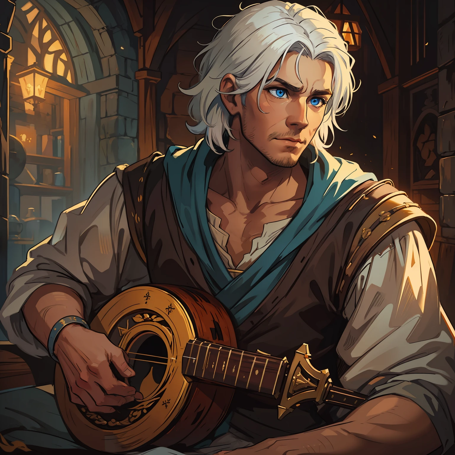 A handsome man with short medium-sized hair White hair and blue eyes This man is a bard holding a lute, um artista trovador medieval, um artista da era medieval, um bardo elegante para um RPG, uma Arte medieval, He's in a dark wooden room with little light, iluminada por tochas, luz baixa, Exotic warm colors in a mysterious and sexy theme, uma arte de bardo medieval, RPG, Arte de RPG, Arte medieval, Arte de RPG medieval, uma arte expressiva, arte conceitual