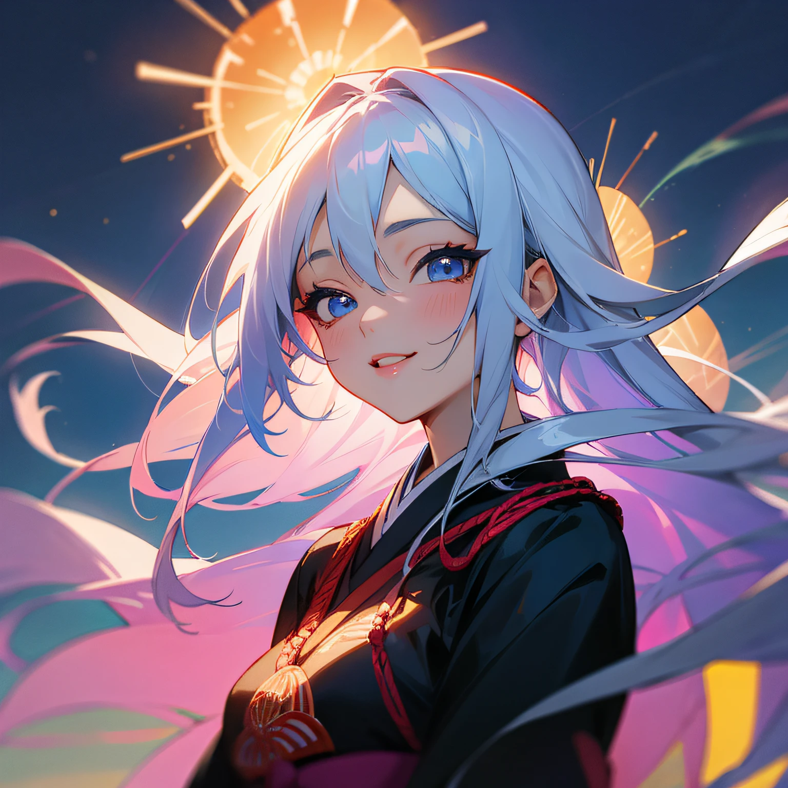 (masterpiece), best quality, expressive eyes, perfect face, young adult, Asian, female, bright blue eyes, beautiful eyes, long waving white hair, smooth hair, bright violet yukata, Japanese fireworks background, Japanese summer festival, night time, beautiful stars, dark blue sky, and beautiful sky, smiling, mouth open, enjoying the time of her life, red lips, beautiful lips, eyeliner