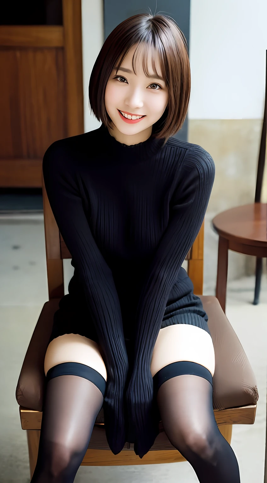 Tight knitwear、a miniskirt、Black stockings、beauty legs、A slender、Women in Japan、A smile、high-level image quality、In the street、short-hair、23years old、Big eyes、Kamimei、Sitting on a chair and putting on stockings、Take off your stockings