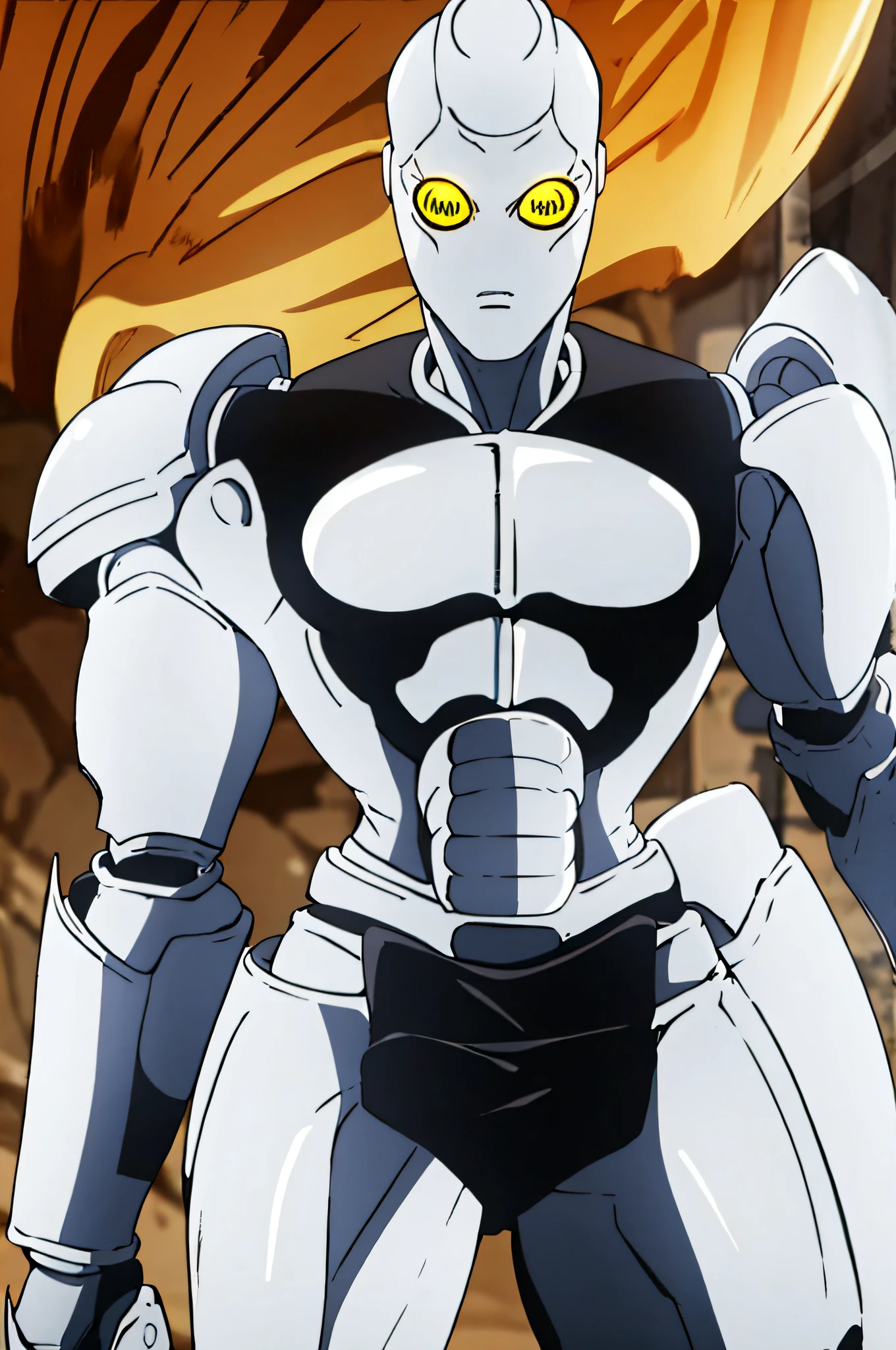 jojo stand, solo, yellow eyes, ((Black armor)), humanoid, cowboy shot, looking at viewer, straight, serious face,