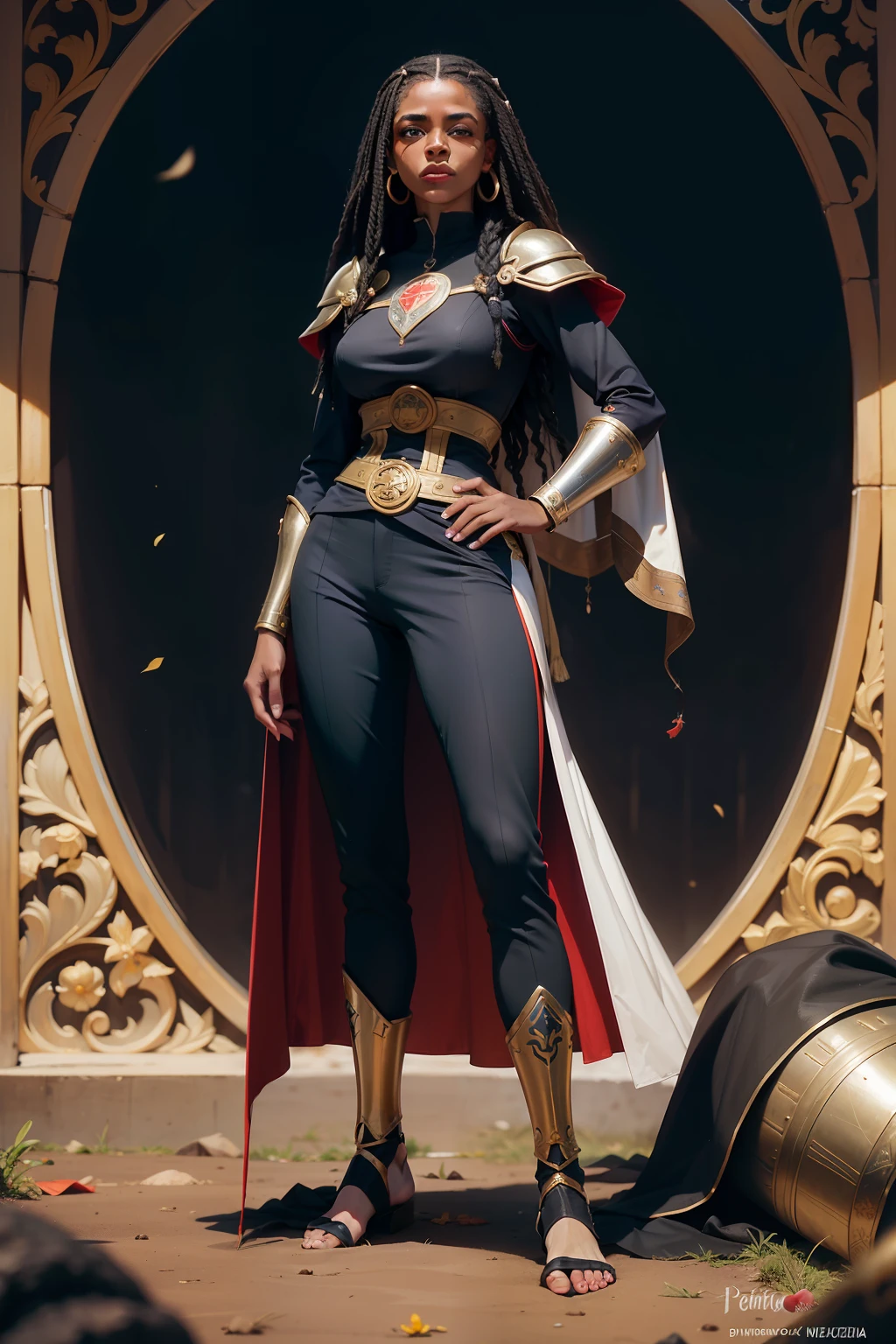 realista, mulher 40 anos, afrodescendente, pele escura, cabelo preto amarrado, manto medieval preto com detalhes dourados, armadura dourada, armadura medieval, Slacks, bare foots, corpo todo, corpo inteiro, sem fundo