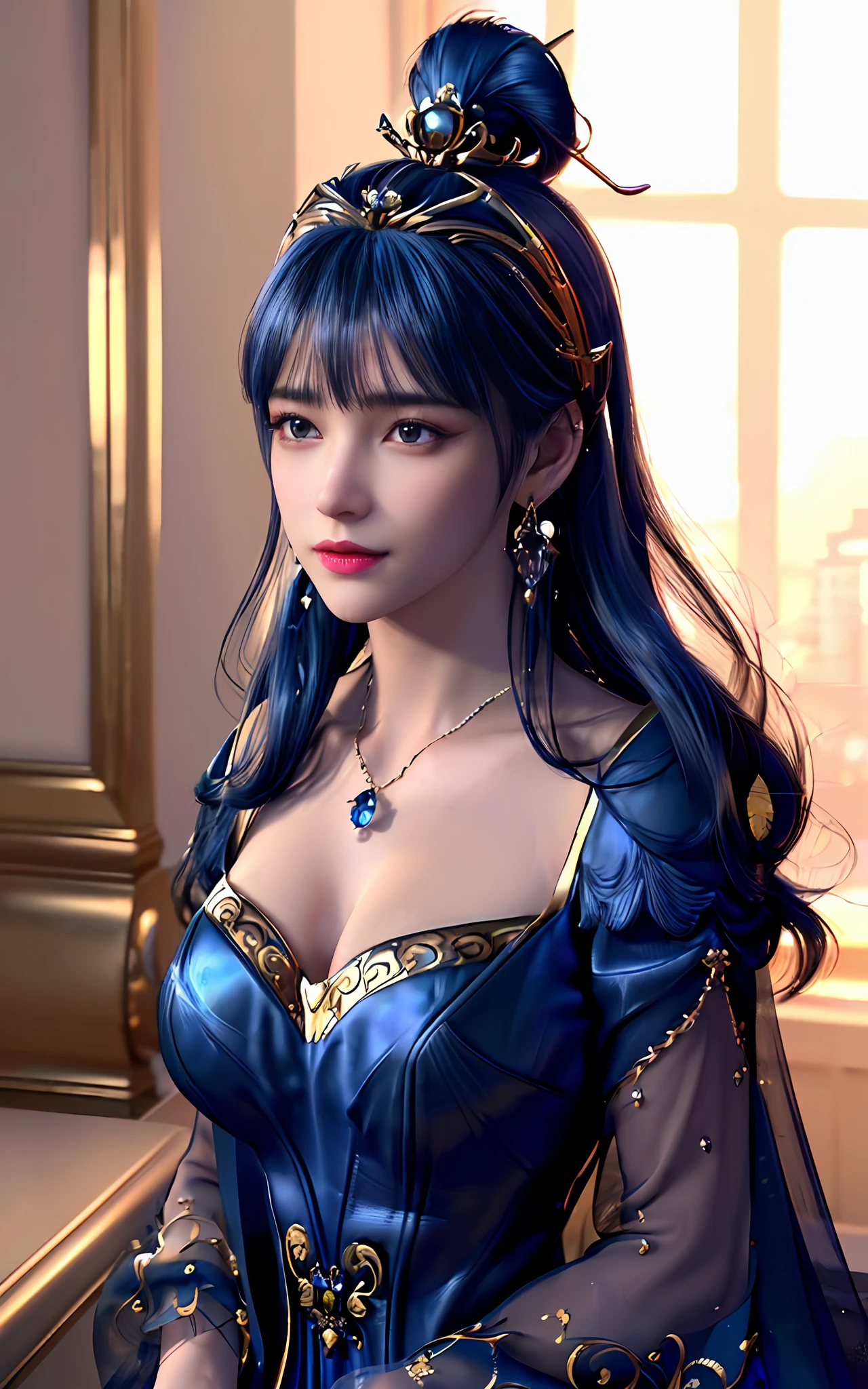 ((realisticity: 1.2)), ((best resolution: 8K UHD)), best quality,masterpiece,highres,cg,
((1 super detailed and super realistic girl)), ((very beautiful queen dazzling, super realistic, and super detailed)), long hair, ((super realistic and super detailed dress)), solo, ((super realistic, super beautiful, gorgeous and super detailed jewelry)), ((super beautiful, super realistic and super detailed dark blue and golden yellow dress)),
((super beautiful, super realistic, super detailed diamond filled earrings)),
  ((super beautiful, super realistic and super detailed diamond filled hair ornament)), ((super beautiful upper body, super beautiful, super realistic and super detailed)), ((big breasts: 2.5)), 
((super grand, super realistic and super detailed royal palace backgroun))
((super beautiful, super beautiful, super realistic and super detailed hair bun)), ((super beautiful, super realistic and super detailed blue hair)),
candid, Photograph, high resolution, 8k,Bokeh,