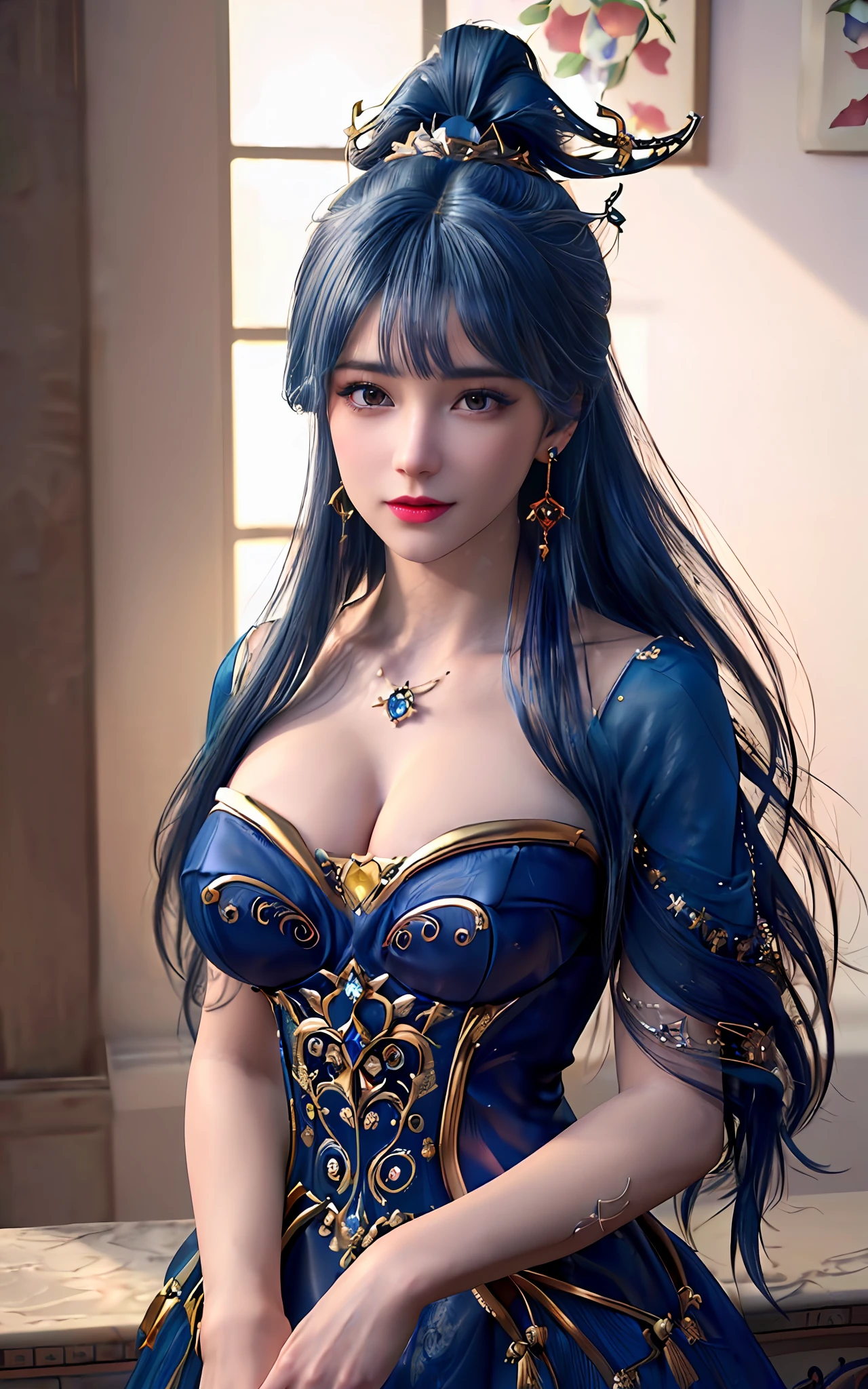 ((realisticity: 1.2)), ((best resolution: 8K UHD)), best quality,masterpiece,highres,cg,
((1 super detailed and super realistic girl)), ((very beautiful queen dazzling, super realistic, and super detailed)), long hair, ((super realistic and super detailed dress)), solo, ((super realistic, super beautiful, gorgeous and super detailed jewelry)), ((super beautiful, super realistic and super detailed dark blue and golden yellow dress)),
((super beautiful, super realistic, super detailed diamond filled earrings)),
((super beautiful, super realistic and super detailed diamond filled hair ornament)), ((super beautiful upper body, super beautiful, super realistic and super detailed)), ((: 2.5)),
((super grand, super realistic and super detailed royal palace backgroun))
((super beautiful, super beautiful, super realistic and super detailed hair bun)), ((super beautiful, super realistic and super detailed blue hair)),
candid, Photograph, high resolution, 8k,Bokeh,