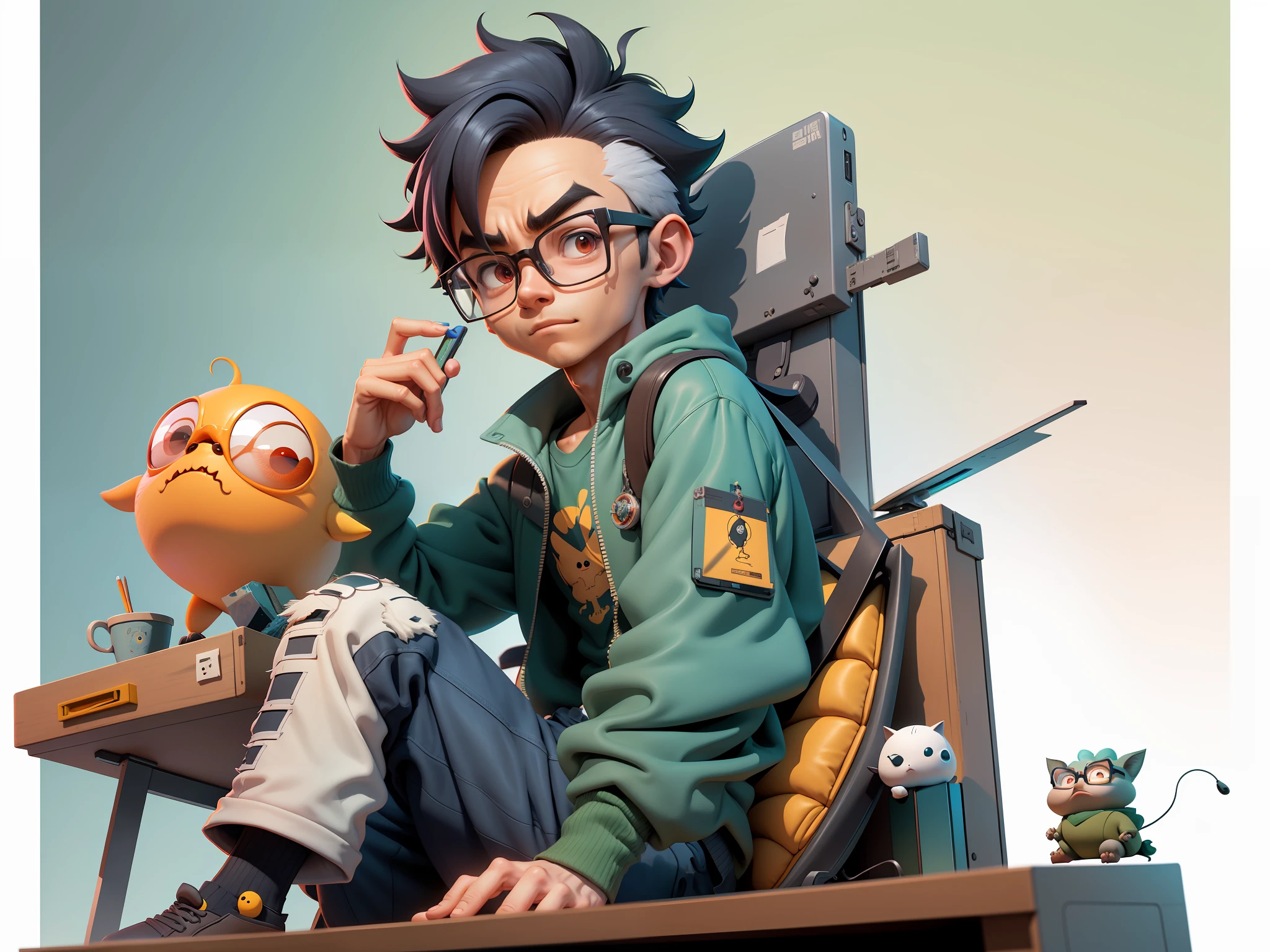 A young man with glasses sits at his desk,holding laptop,digitial painting,3D character design by Mark Clairen and Pixar and Hayao Miyazaki and Akira Toriyama,4K HD illustration,Very detailed facial features and cartoon-style visuals。