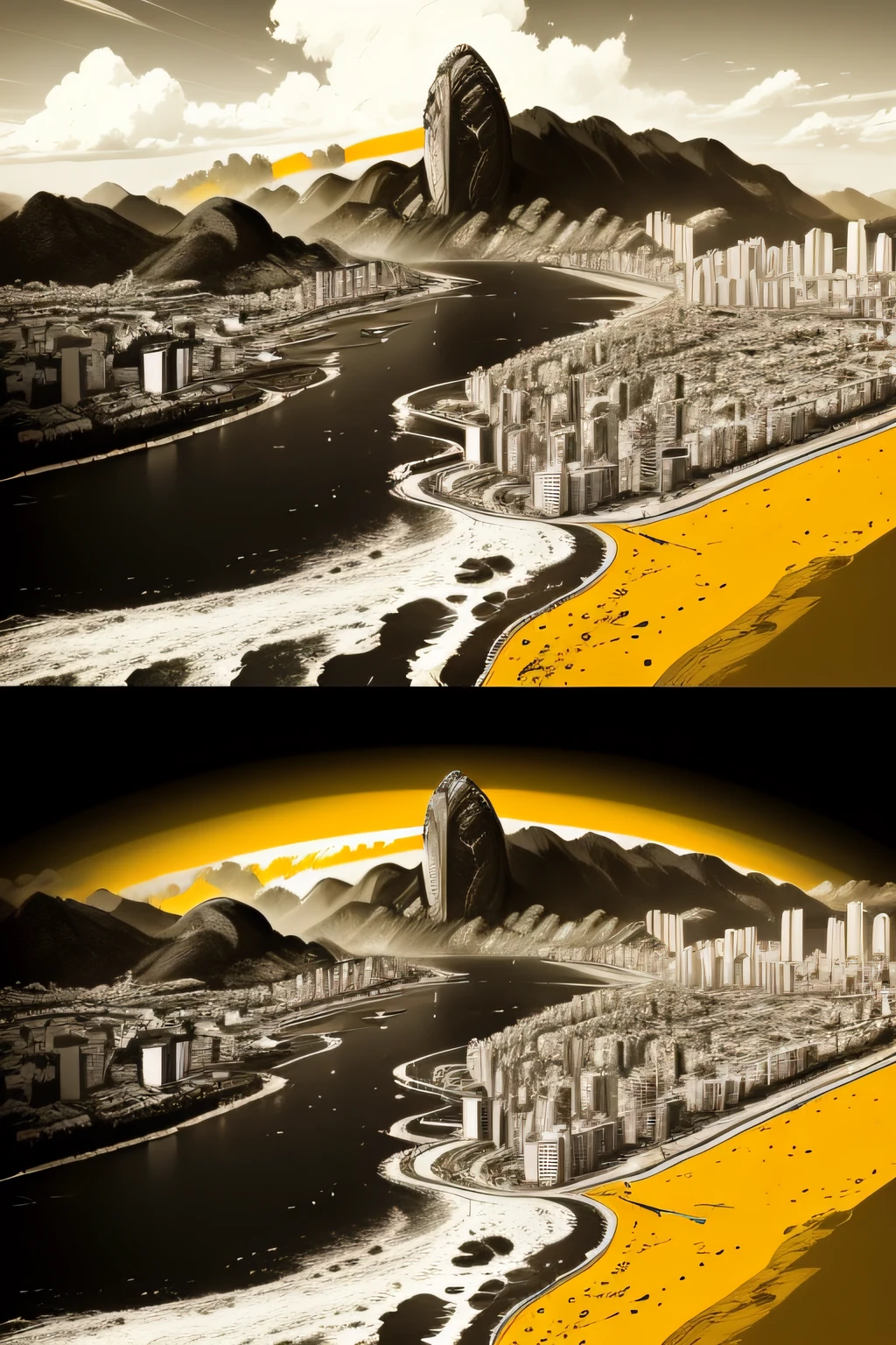 create for me a black and white panorama with some brown and yellow strokes of Rio de Janeiro