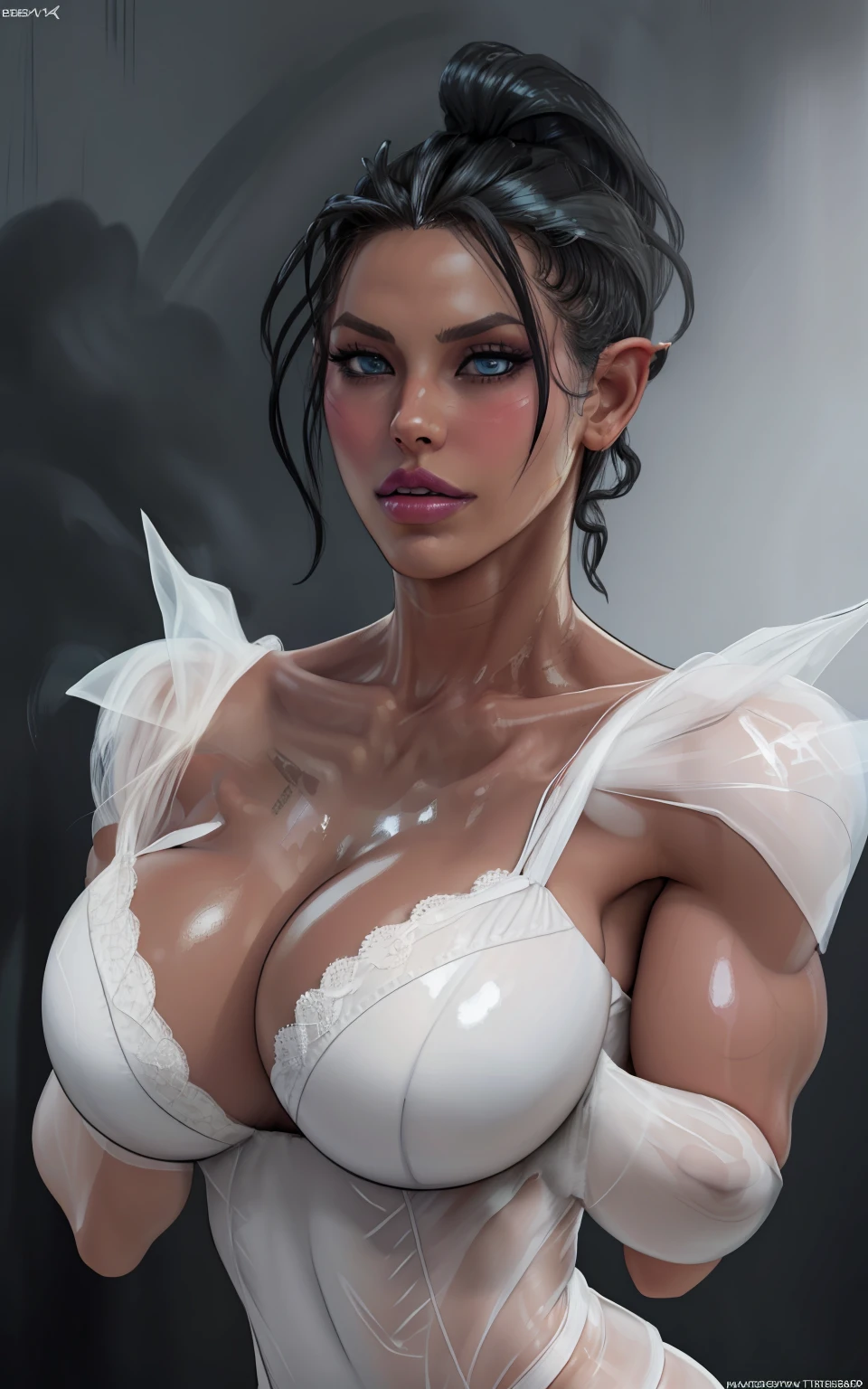 sehele style, anime style, (((dark elf))) (((charcoal skin:1.2))) and (((smoldering eyes))). Her (((hair slicked elegantly backwards))), 8k, 4k, Unreal Engine 5, octane render, trending on pixiv, fanbox, skeb, (((translucent white lingerie))), masterpiece, ((slendered abs )),(huge breasts:1.4), (full bodied), wide hips, (full lips:1.5), smooth soft skin, big dreamy eyes, beautiful intricate colored hair, anime wide eyes, soft lighting, concept art, digital painting,