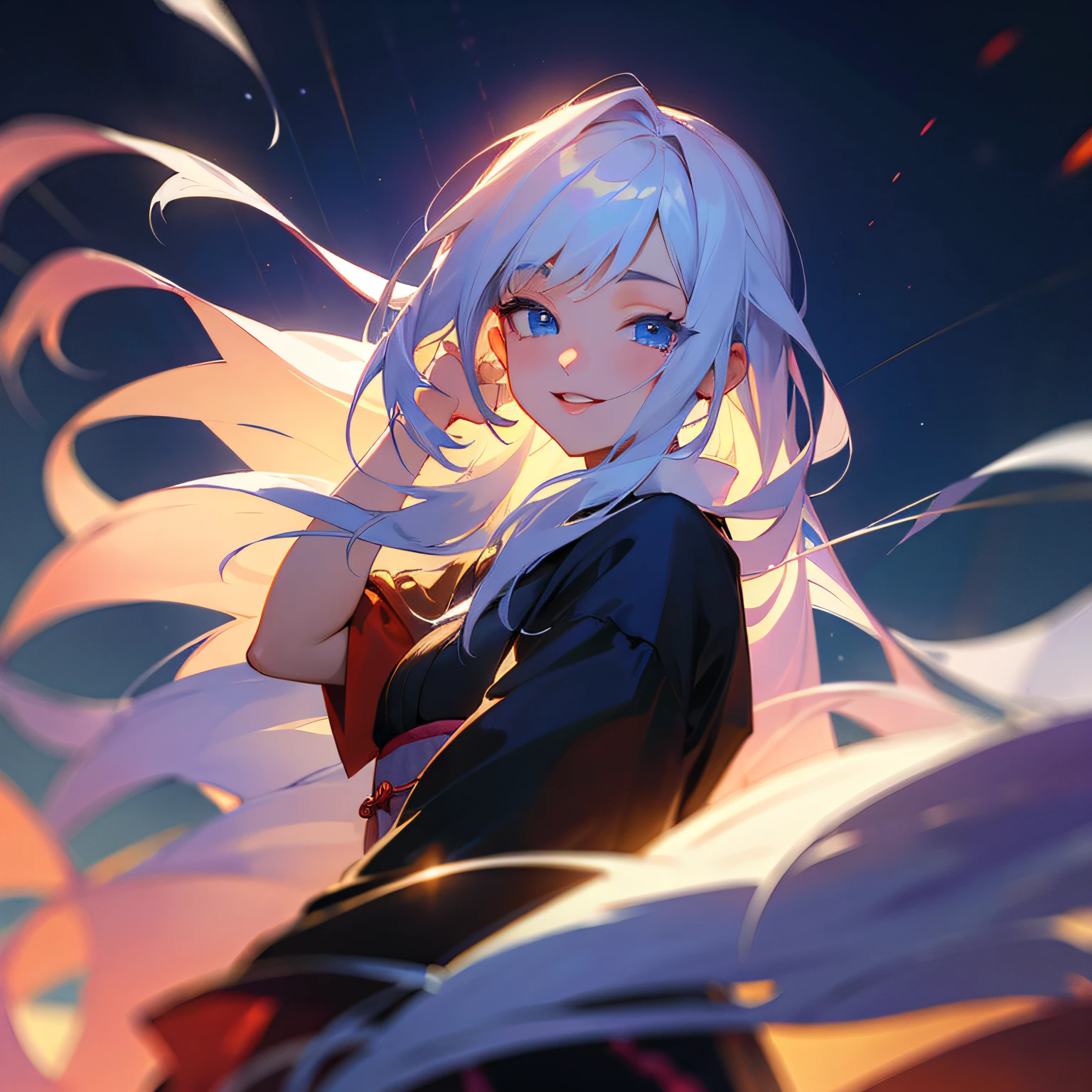 (masterpiece), best quality, expressive eyes, perfect face,  adult, Asian, female, bright blue eyes, beautiful eyes, long waving white hair, smooth hair, bright violet yukata, Japanese fireworks background, Japanese summer festival, night time, beautiful stars, dark blue sky, and beautiful sky, smiling, mouth open, enjoying the time of her life, red lips, beautiful lips, eyeliner