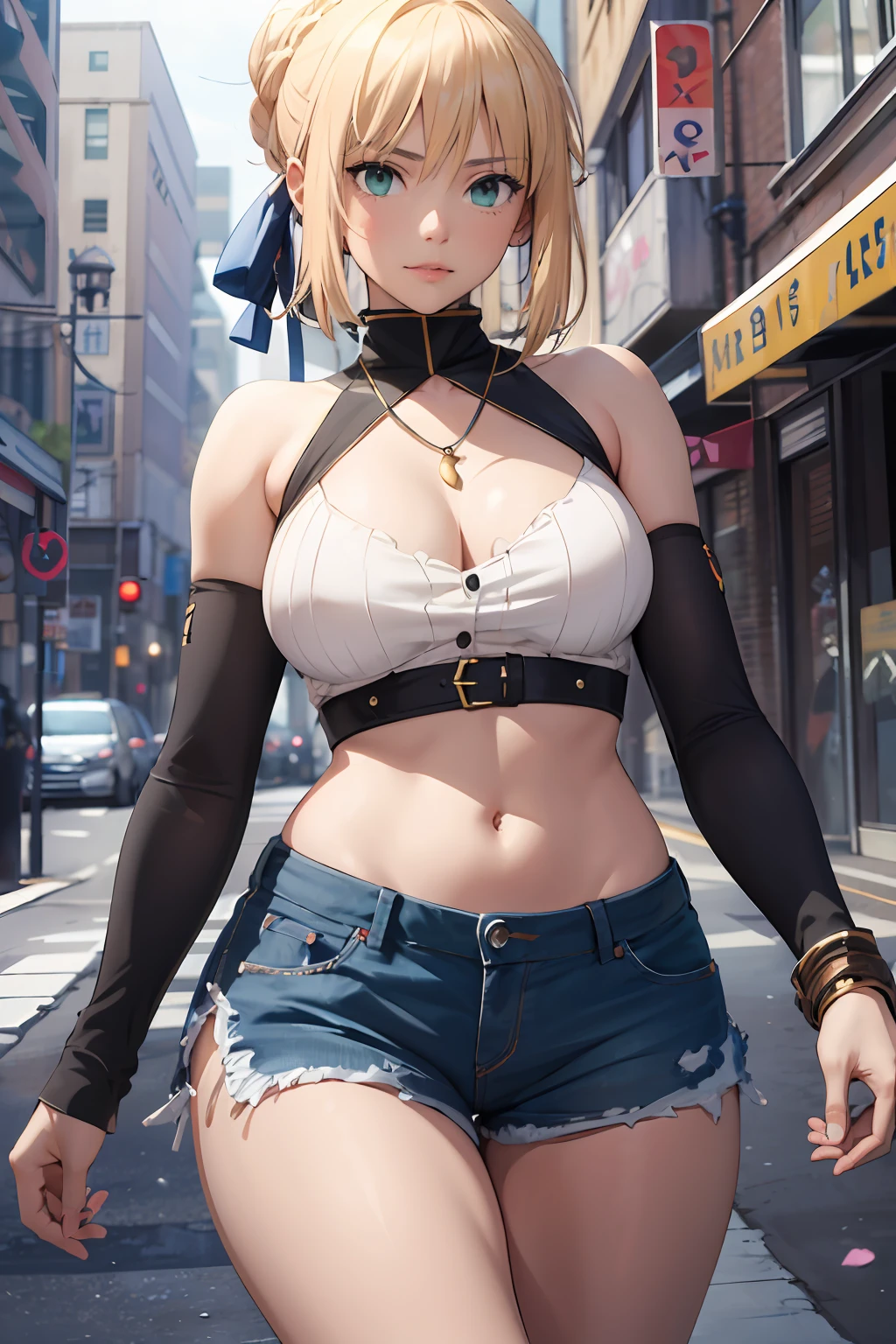 (masterpiece:1.4), (best quality:1.4), realistic, 1girl, artoria pendragon \(fate\), shorts, sleeveless shirt, city, necklace,