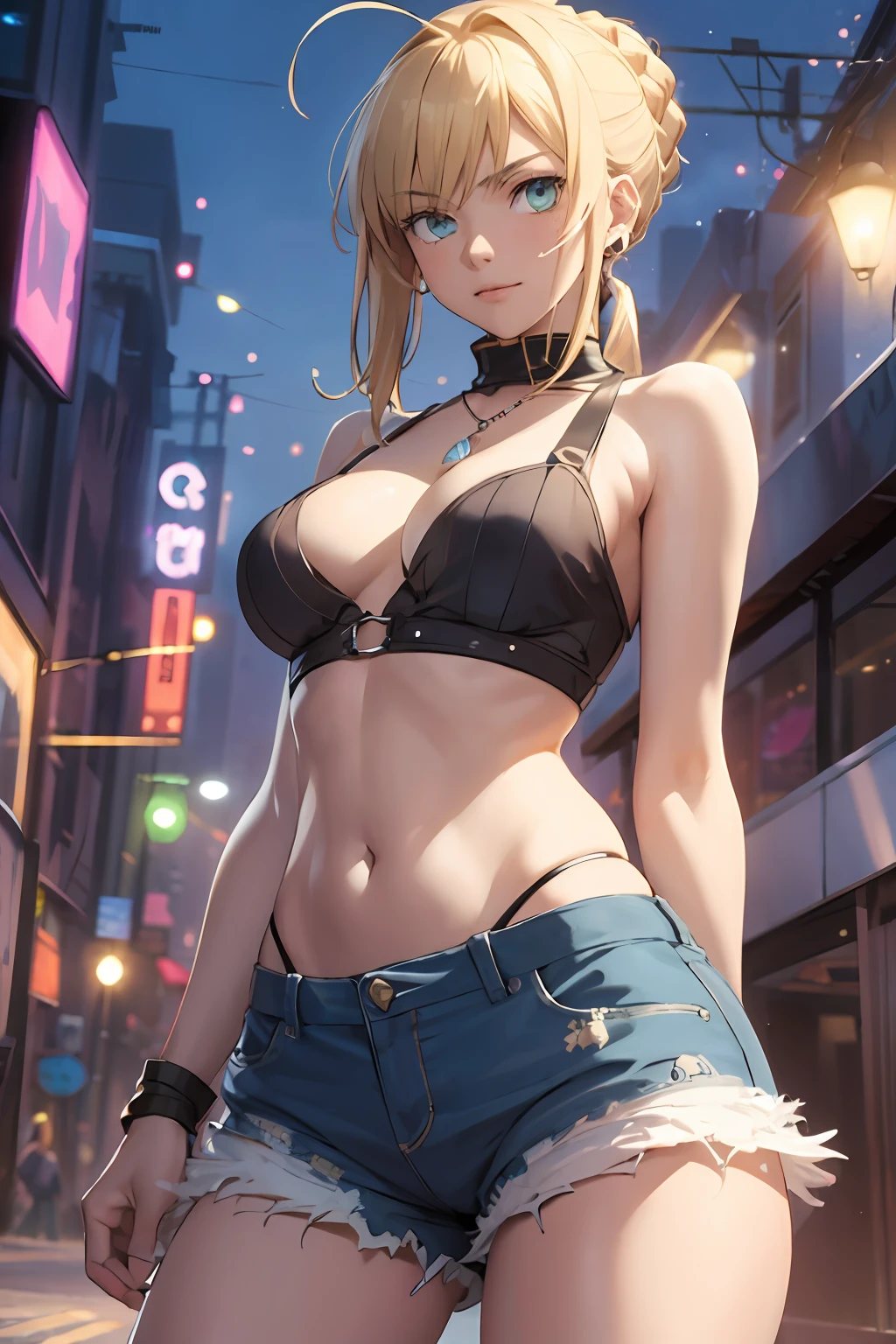 (masterpiece:1.4), (best quality:1.4), realistic, 1girl, artoria pendragon \(fate\), shorts, sleeveless shirt, city, necklace,