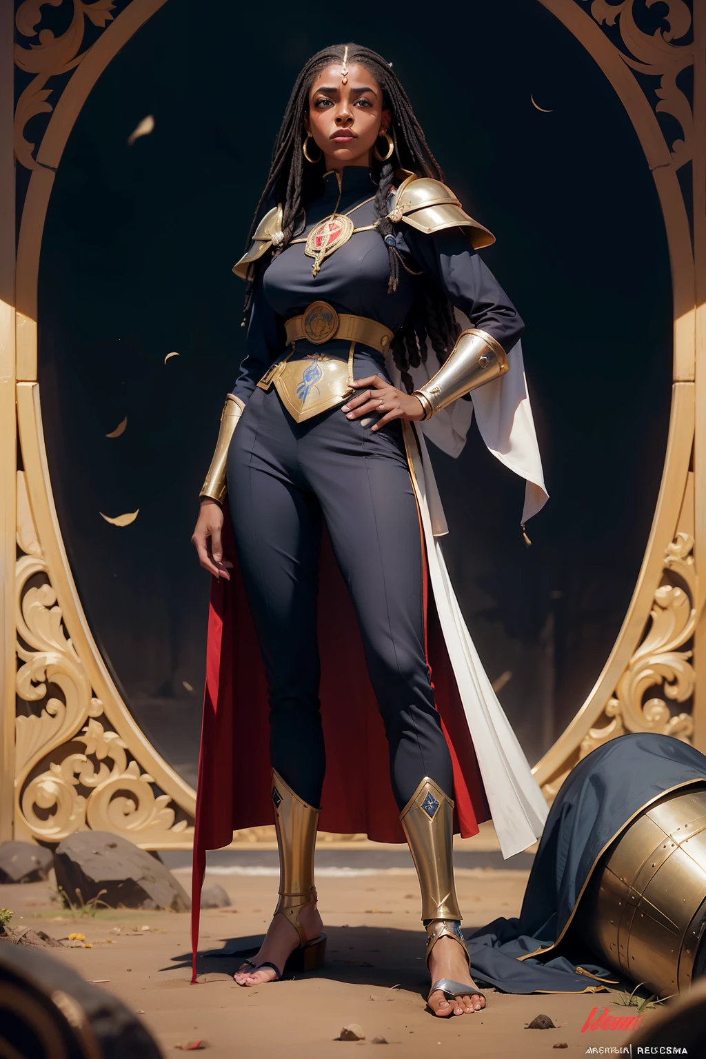 realista, mulher 40 anos, afrodescendente, pele escura, cabelo preto amarrado, manto medieval preto com detalhes dourados, armadura dourada, armadura medieval, Slacks, bare foots, corpo todo, corpo inteiro, sem fundo