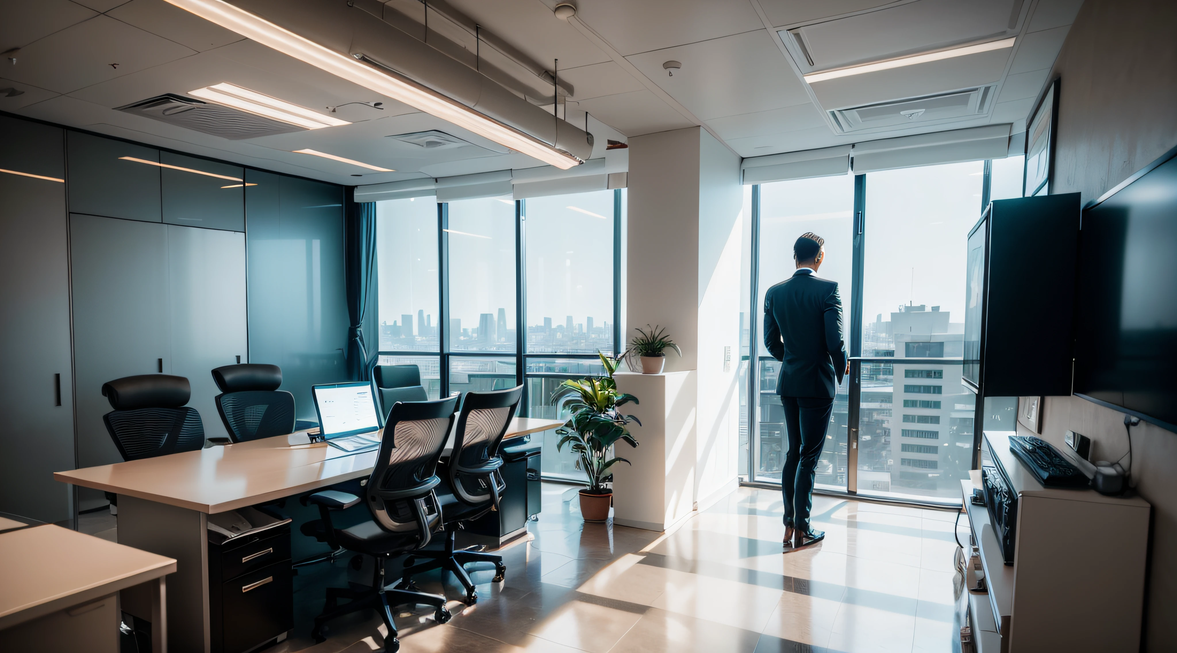 BUSINESS OFFICES WITH PEOPLE DRESSED IN SUITS, AMBIENTE COM COMPUTADORES, MESAS MODERNAS, ambiente pouco iluminado, Foto realista, foto profissional, 8k, hiper-realista