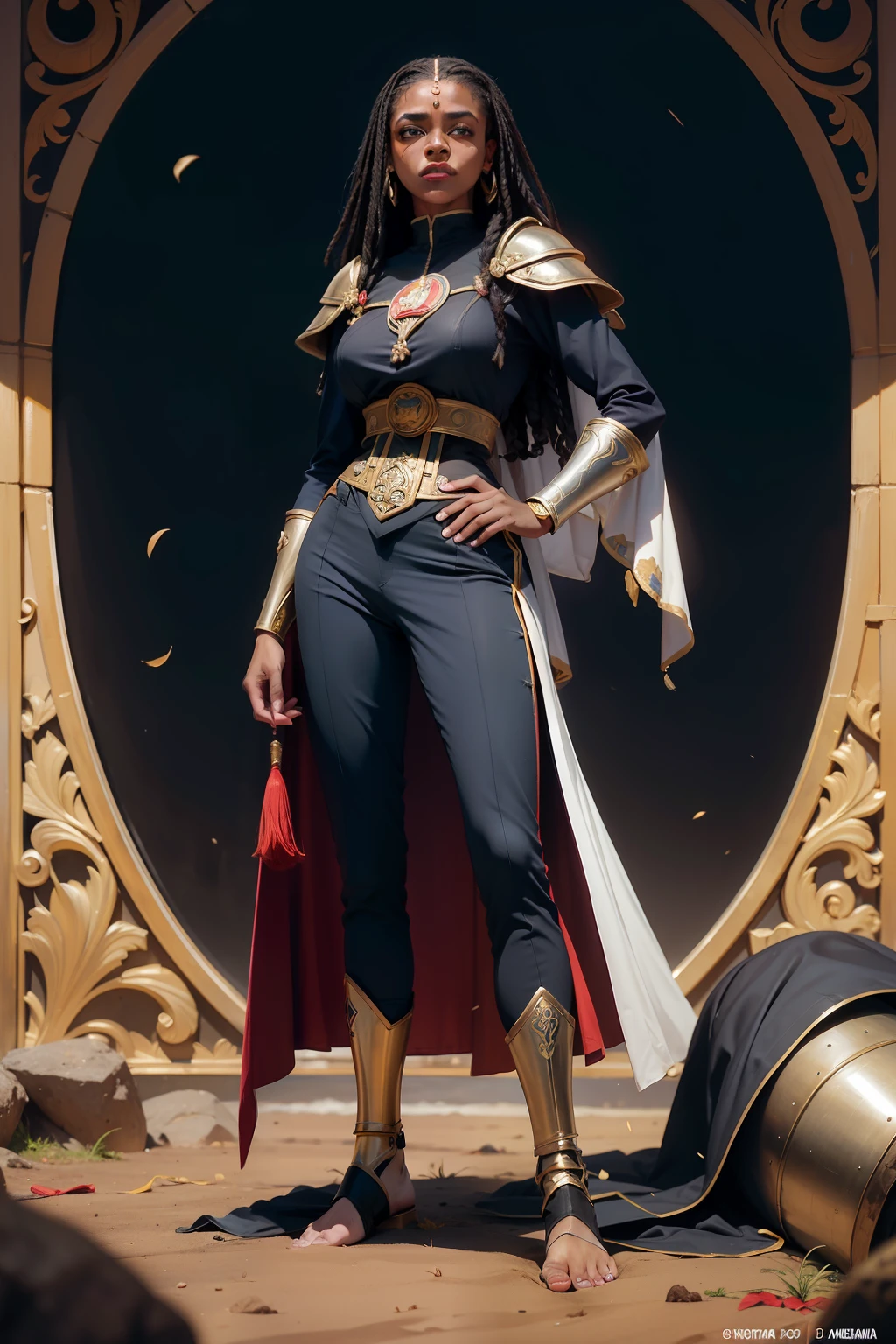 realista, mulher 40 anos, afrodescendente, pele escura, cabelo preto amarrado, manto medieval preto com detalhes dourados, armadura dourada, armadura medieval, Slacks, bare foots, corpo todo, corpo inteiro, sem fundo