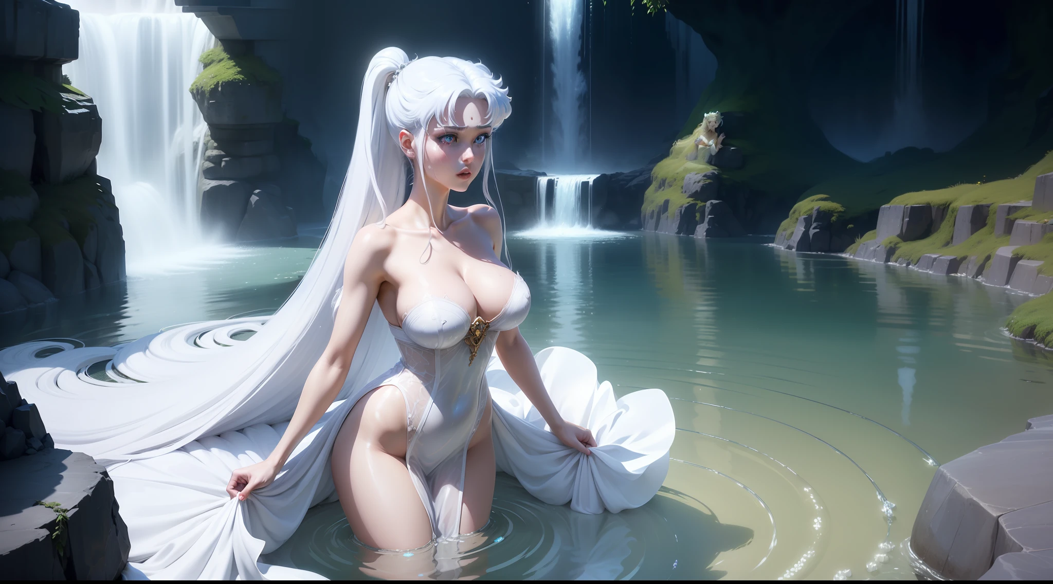 NSFW, ((beste-Qualit, 8K, tmasterpiece :1.3)), dramatic  lighting, pretty woman, 1 girl, Sailor Moon, Detailed large eyes, tmasterpiece, breath taking, Viewer, Full growth in the frame, Long white hair, gray hairs, Two bundles on the head, pale skin, Odango hairstyle, Careful, ah high, Real water, White transparent wet long sexy dress, semi transparent dress, Transparent tight clothing, Wet, crystal clear water, The water is flowing, beautiful big breasts, sexypose, sexy expression, glossy skin, A crystal palace is visible in the background, Palace of Crystals, Crystals and crystal in the air and around the character, Beautiful flowers, Crystals glow