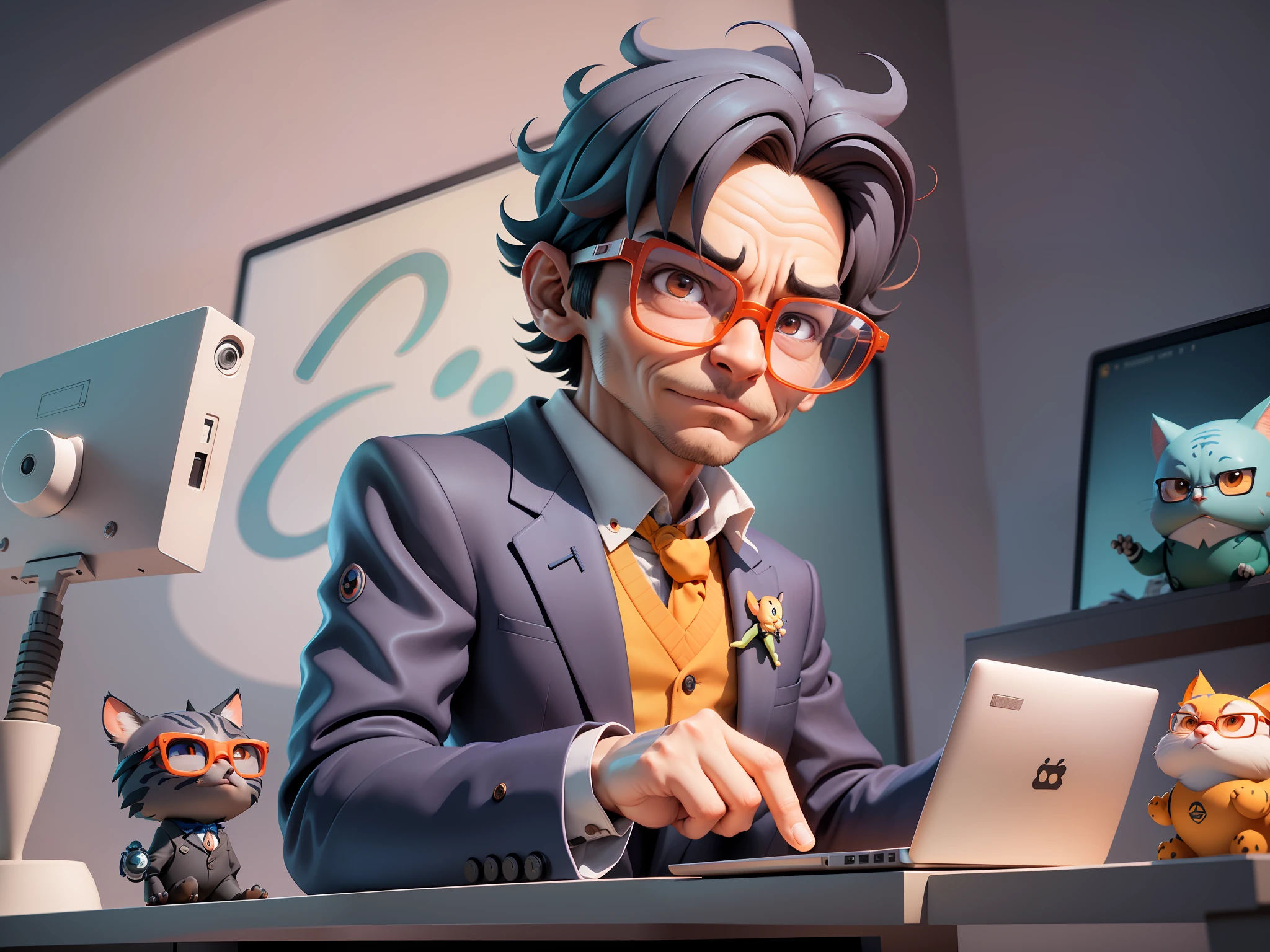 A young man in a suit, Short hair and glasses sat at his desk,holding laptop,digitial painting,tigre,3D character design by Mark Clairen and Pixar and Hayao Miyazaki and Akira Toriyama,4K HD illustration,Very detailed facial features and cartoon-style visuals。