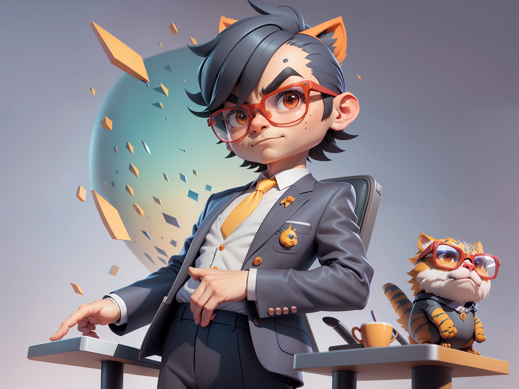 A young man in a suit, Short hair and glasses sat at his desk,holding laptop,digitial painting,tigre,3D character design by Mark Clairen and Pixar and Hayao Miyazaki and Akira Toriyama,4K HD illustration,Very detailed facial features and cartoon-style visuals。