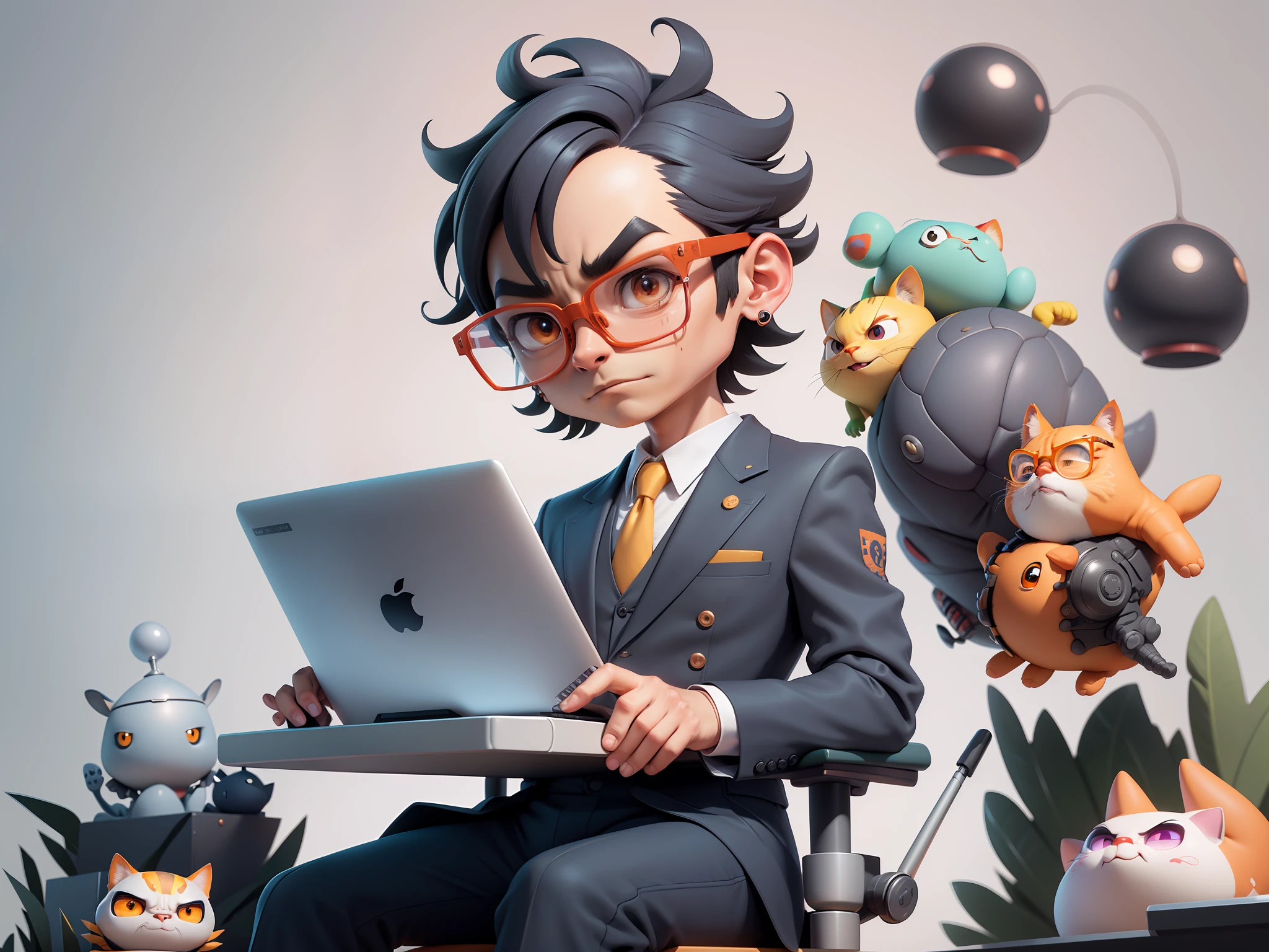 A young man in a suit, Short hair and glasses sat at his desk，holding laptop，digitial painting，tigre，3D character design by Mark Clairen and Pixar and Hayao Miyazaki and Akira Toriyama，4K HD illustration，Very detailed facial features and cartoon-style visuals。
