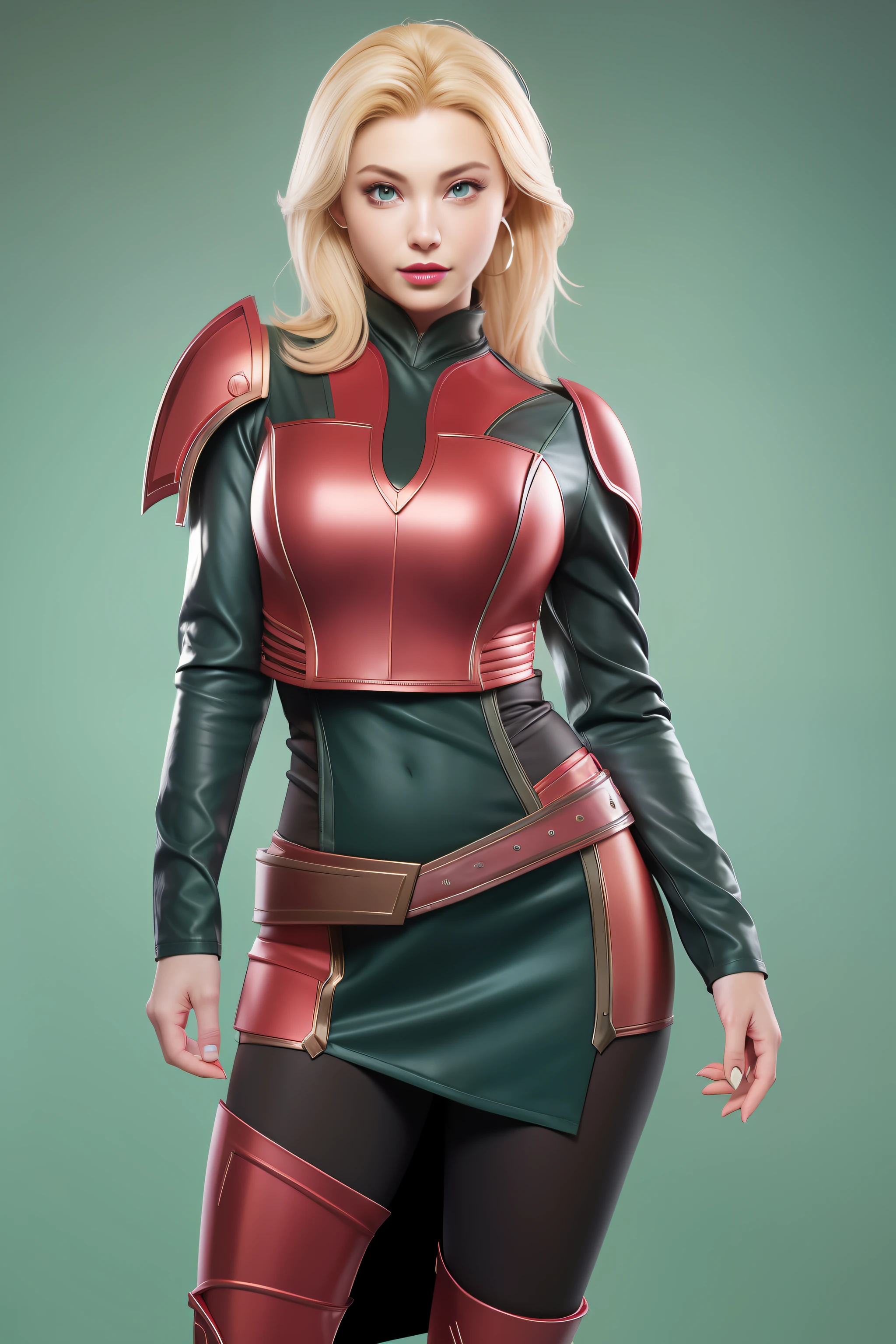 Beautiful Face Woman、a blond、Green background、 Beautuful Women、18year old、prety woman、hyper realistic photography、High-definition photos、red lipsticks、Mandalorian Style Metal Armor Skirt Suit、big eye、The skin is not very exposed、Do not cut your head off the screen、